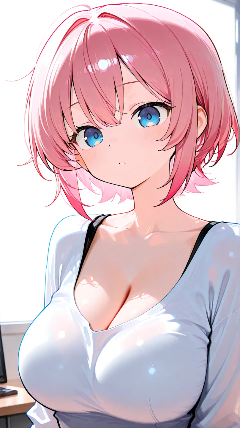 (((masterpiece))),(((High resolution)))、(((8K quality)))、((Top quality eyes)), Anime Style、Very cute face、one person's、24-years-old、Best Bust、Large Breasts、Cleavage、 Beautiful Eyes、hot pink hair, ((Very Short Hair))、blue eyes, vaginal penis, sex, a man,