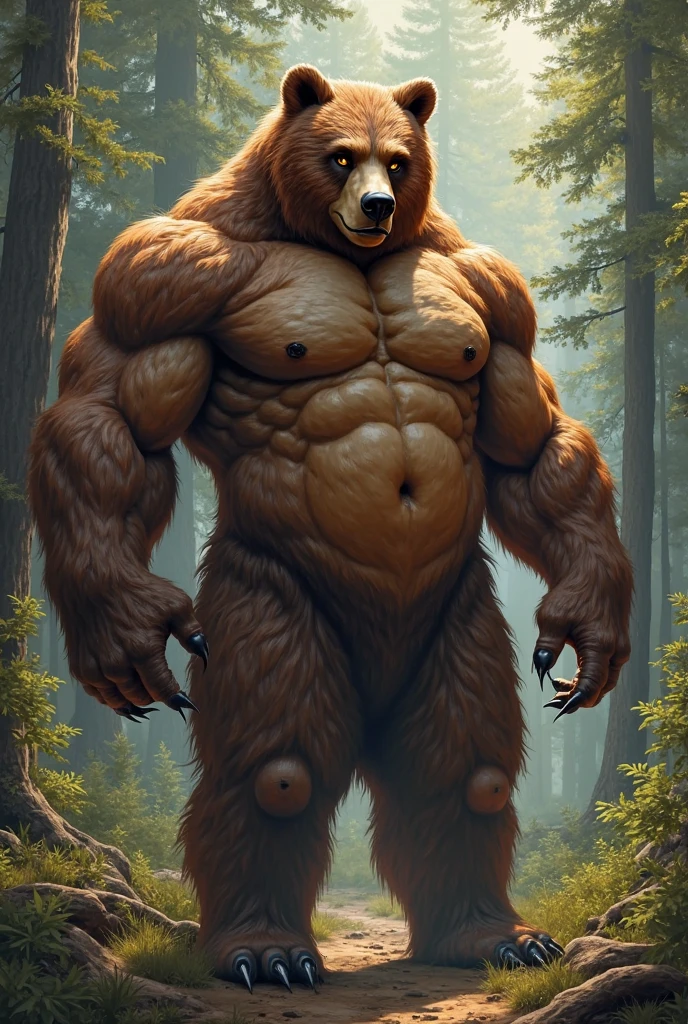(full body shot), (realistic style), (furry), (humanoid), male wolf, full body brown fur, brown eyes, perfect muscular body, and biggest muscles, biggest pecs, and biggest thighs, wearing black boxer briefs, realistic forest background