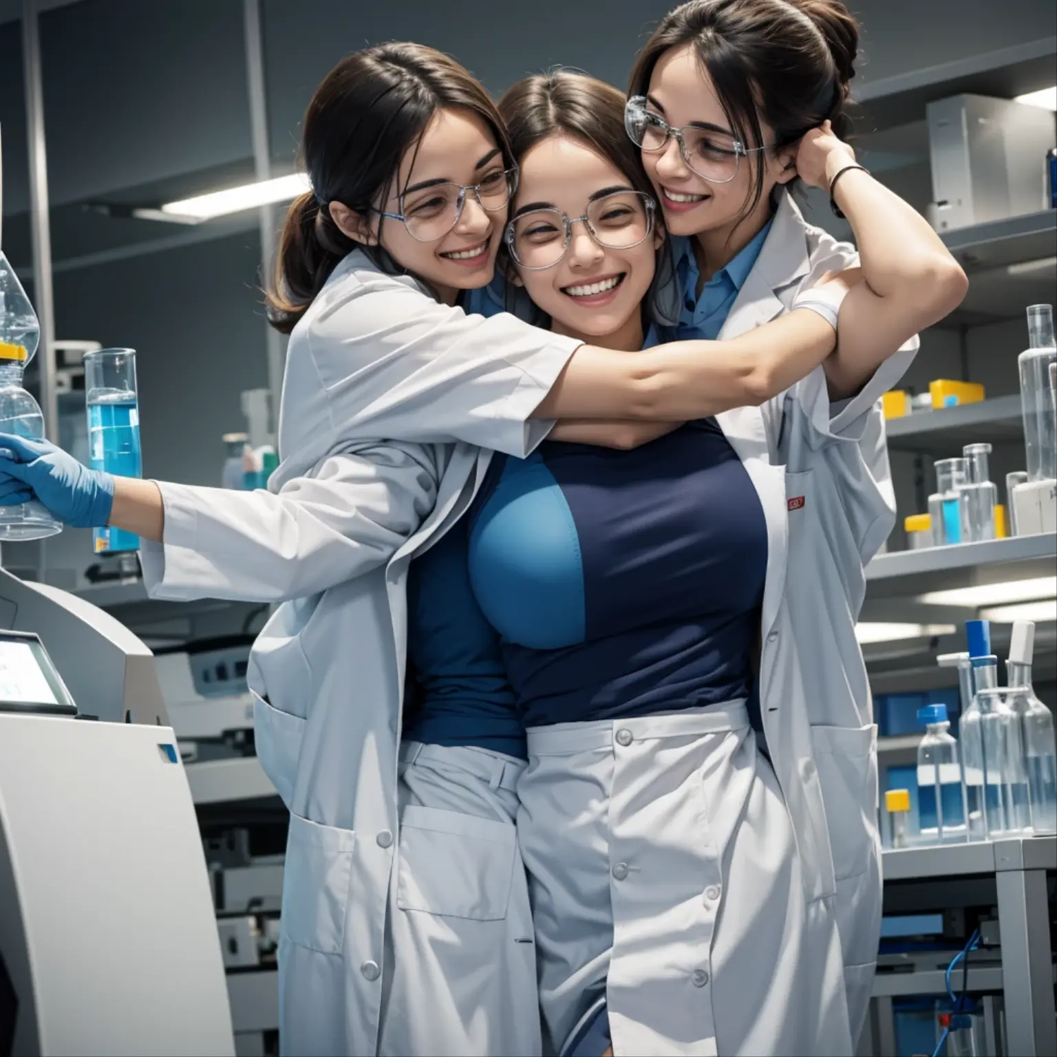 Scientists in lab are happy and jumping hugging each other