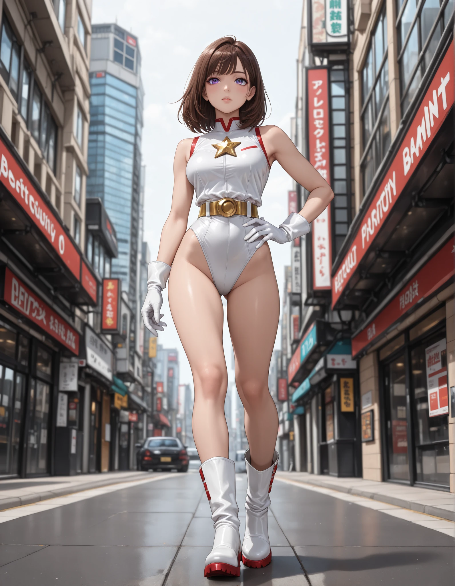 1girl, medium breasts, ((leotard, white and red leotard, sleeveless, bare legs)), ((tight belt, gold belt)), ((boots, matching boots, ankle boots, white boots)), ((gloves, white gloves)), city backdrop, tokyo city backdrop, solo, single, hands on hip, standing, ((full body shot)), cowboy shot, superhero, beautiful detailed eyes, mature lady, (gold star symbol on chest), (brown hair, short hair, bob hair, purple eyes), (perfect anatomy), masterpiece