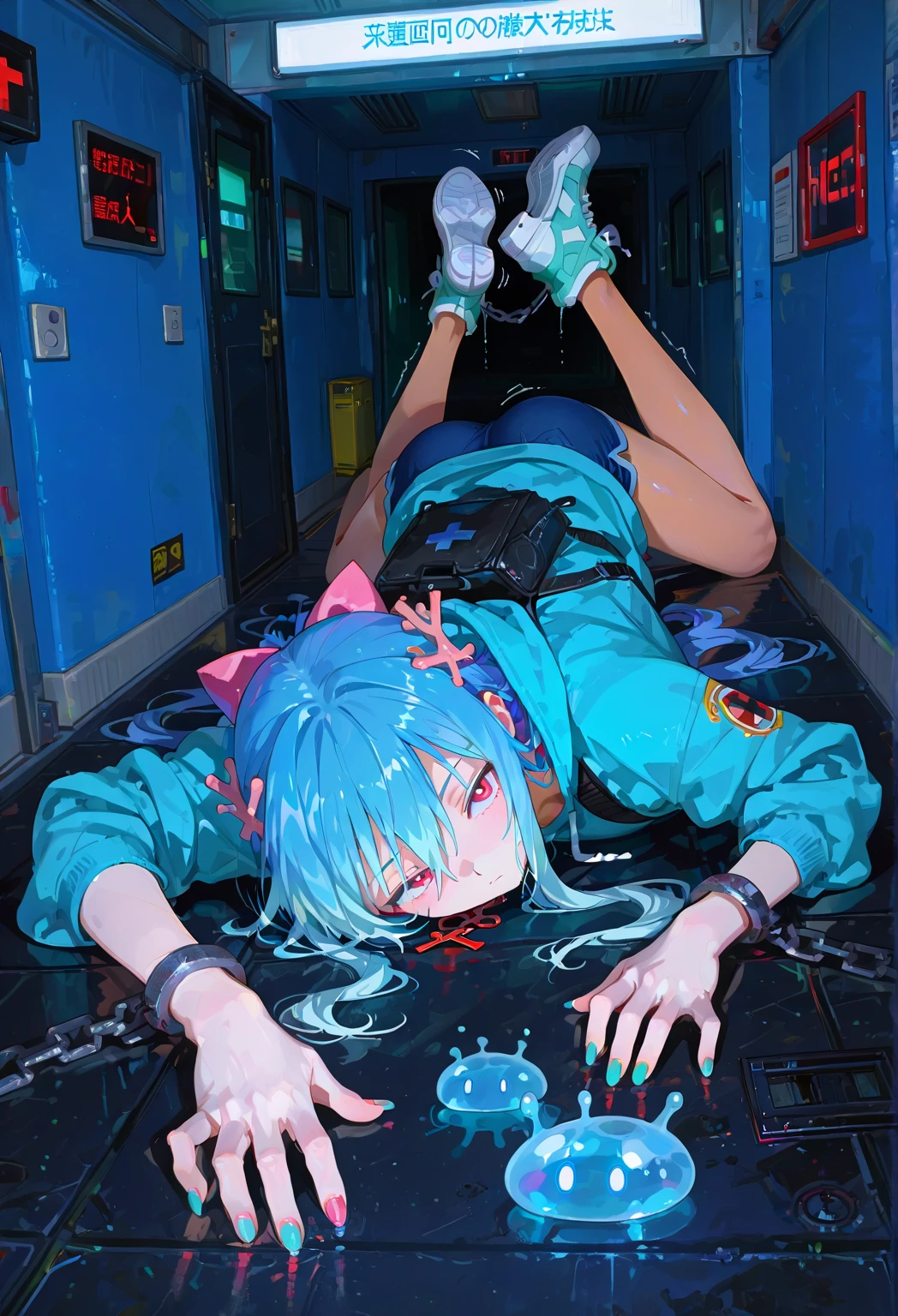 In a dimly lit room,Hatsune Miku fell in a pool of blood,Holding a bottle of medicine in his left hand,The head was also tilted to the left to reveal a miserable smile。In the corner of the side is a guzheng,The strings above have long been broken。