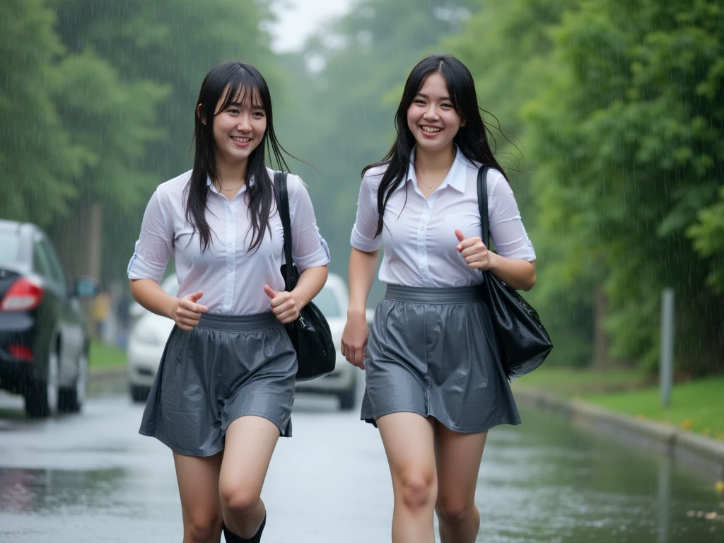 (foot)Long rain boots　(pants)Shorts　inner(White short sleeve shirt)　A girl going to school　high resolution