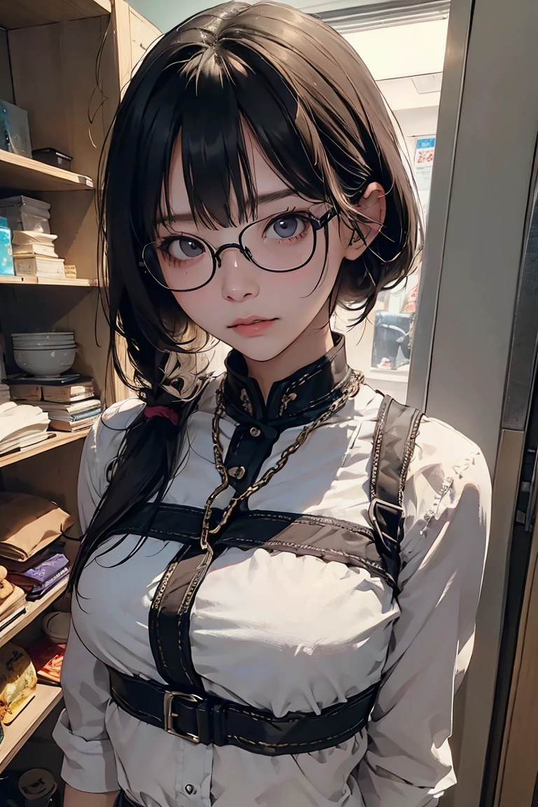 crie uma garota morena, com cabelo curto, dark brown eyes and a peaceful expression, She is wearing an anime outfit and round glasses