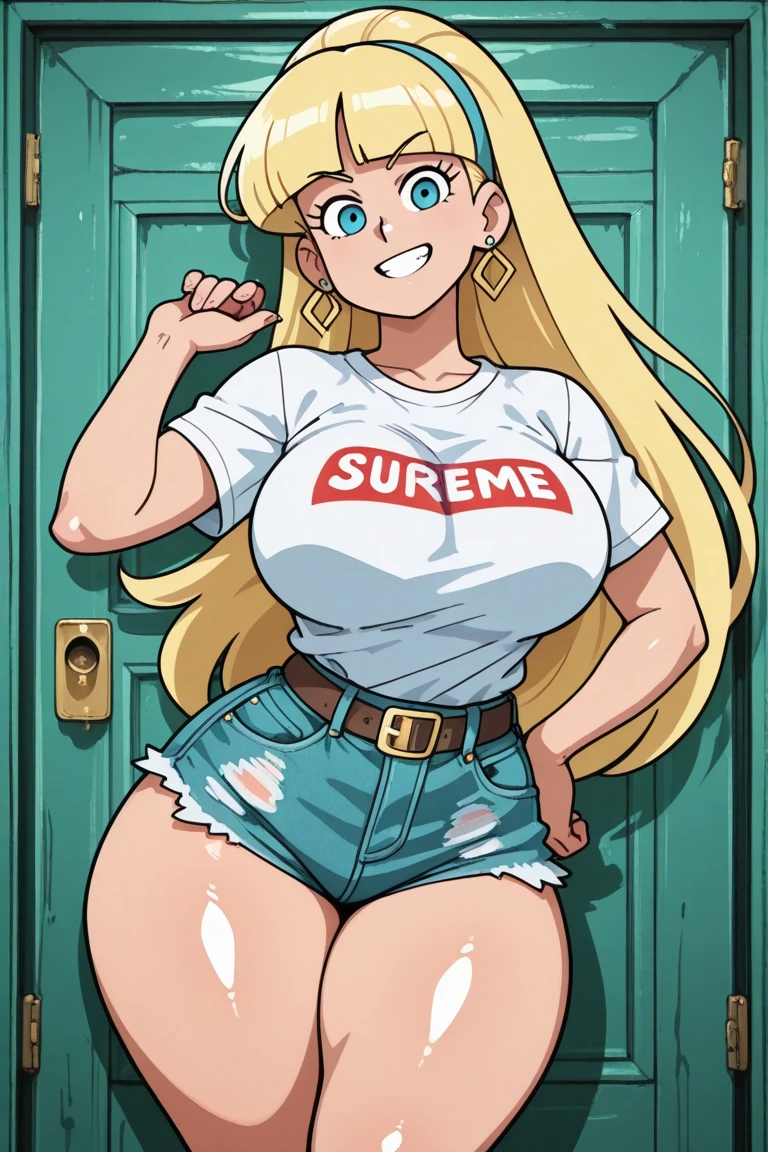 21 years old woman with gray eyes, white long hair, yellow low-cut top, short denim, big tits, big legs, comic style