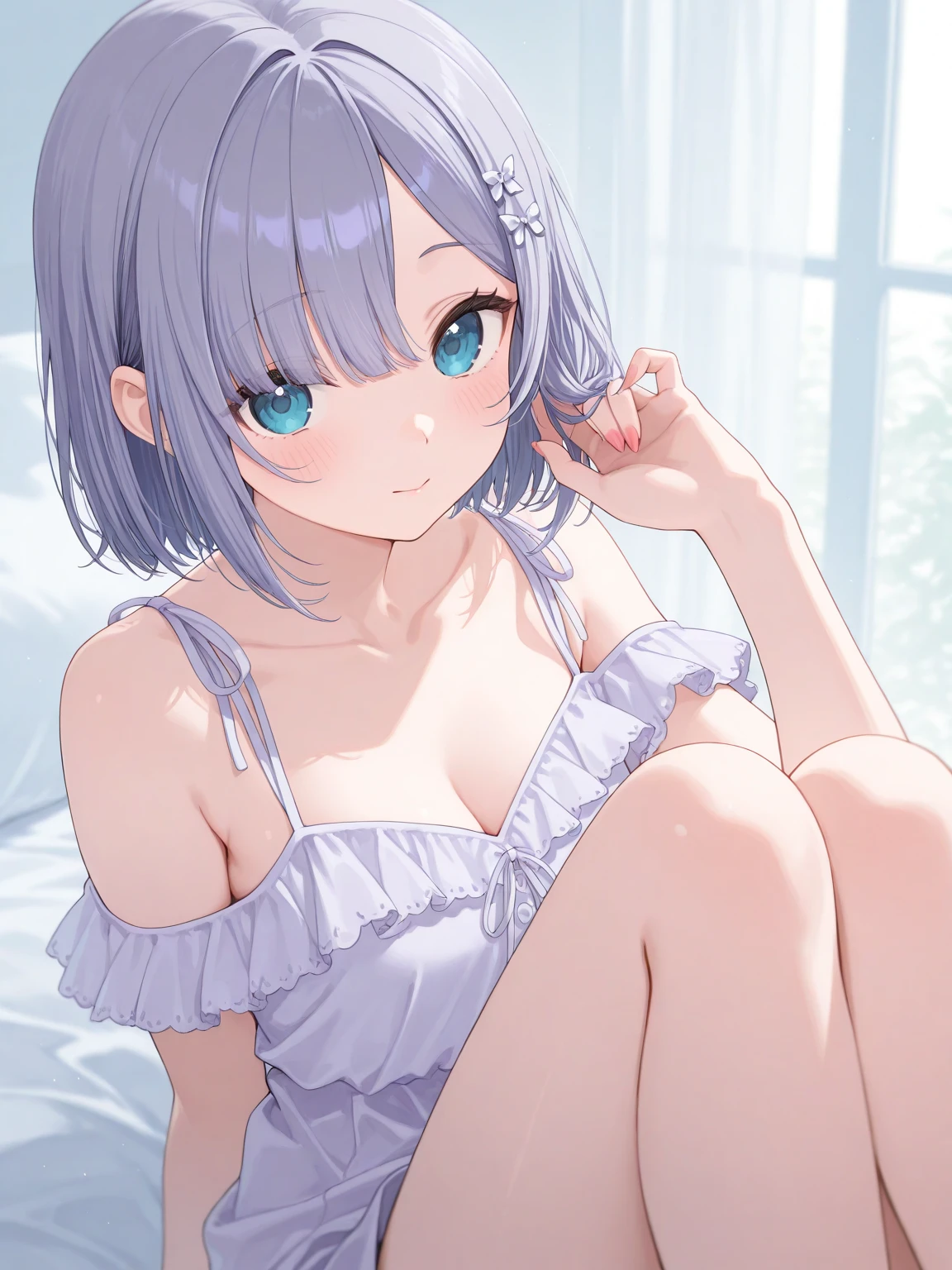 15-year-old girl, ((Off-the-shoulder shirt, and pastel colored miniskirt、clothes are exposed、sexy bra and underwear))、(Light purple hair color、Gray inner color hairstyle、Hair expressed with a delicate touch), Beautiful Hair, Facial Contour, Remember, ,Hotel, splash, Lens flare、night,illumination、Natural Color, High resolution, Very delicate, Very detailed, 8k,Lying in bed、(Breast size around B cup)、Shyness,((Sexual)),((Sexy feeling)),Angle from the feet