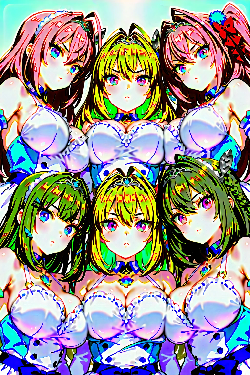 Best image quality, 8k, high quality, masterpiece:1.2), ((masterpiece)), (Attention to detail, high quality, Best image quality), Bokeh, Depth of written boundary, Portraiture, Open Stance, (Splatoon Girl)、(Mature Woman), (Beautiful illustrations:1.2), (Delicate facial expression:1.5), Real Anime、3d、Perfect Anatomy, Perfectly Balanced Anatomy, stage, (Different hair colors and styles:1.2), (Three Girls:1.3), Dawn, Beautiful light, Professional Lighting, (Big Breasts), (A gorgeous sleeveless idol dress with plenty of frills, Removable sleeve,), (Idol Master), A slightly thinner face, Dynamic pose, An exciting mood, smile, blush、Dynamic Angle, (Underarm:1.2), White Pantyhose, Seduce, Sexy pose,