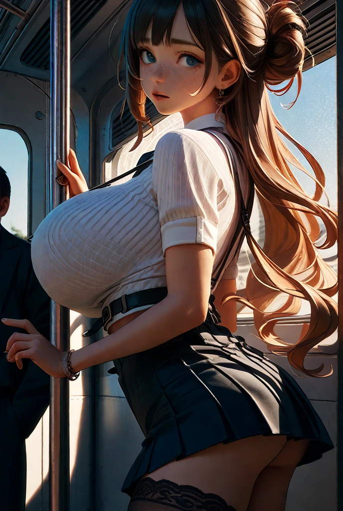 ((furry: 1.2)), (furry, anthropomorphic cow, best quality: 1.2)), ( on a crowded train.)). ((wearing a white open silk shirt: 1.5.)). 40k, photography, masterpiece, best quality, cyberpunk metro background, ((1girl cybernetic eyes and beautiful red hair, she wears glasses on her beautiful face, )). Big ass, big soft breasts and white skin, varied poses. ((Huge breasts :1.4)),((very soft breasts)), ((large and protruding areola)). Furry cow face, detailed eyes. in a crowded train station. (mini jean shorts). ((she's wet))).