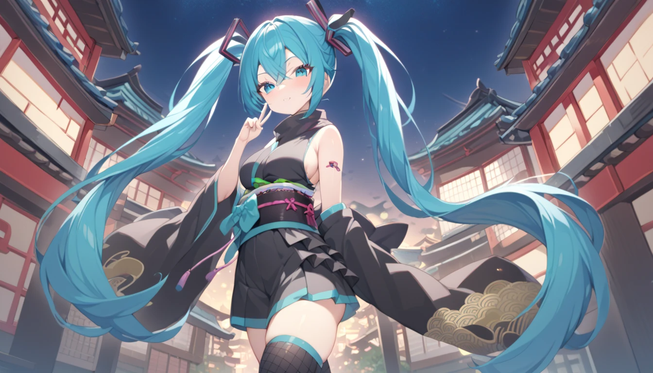 Masterpiece, best quality, ultra detailed, extremely detailed,1girl, evil smiling, looking at viewerery,flat chest,blue hair,twintails,middle hair,sky blue eyes, (((petite))), slim thighs, bule ninja, japanese_clothes, ninja_clothes, ,scarf, elbow gloves, thighhighs, architecture, indoors, east asian architecture, night sky
