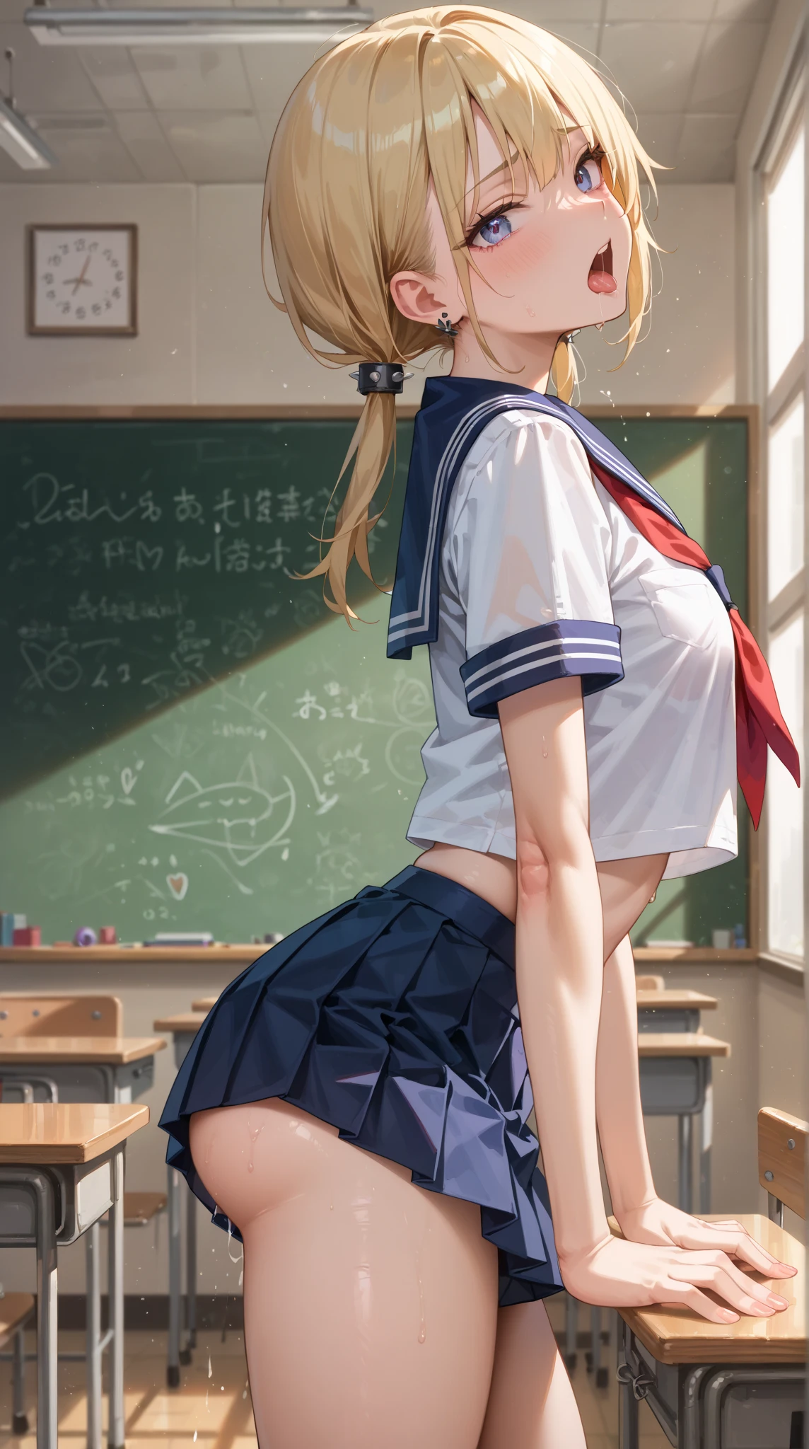 nsfw:1.5, Top quality, ultra high resolution, , (top quality, high resolution, 4K, detailed lighting, shaders, perfect anatomy, perfect proportions), eye of the beholder, (masterpiece, top quality) (top quality, 4K, 8K, high resolution, masterpiece: 1.2), highly detailed, (masterpiece: 1.3, top quality, ultra high resolution, ultra detailed), (top quality: 1.2), perfect eyes, perfect face, (top quality, 4K, 8K, high resolution, masterpiece: 1.2), highly detailed, (top quality, 4K, 8K, high resolution, masterpiece: 1.5), masterpiece, top quality, ultra detailed, top quality, high resolution, 32K CG, very delicate and beautiful, illustration, high resolution, sharp focus, 1 person, very beautiful and detailed anime face, very detailed eyes, ((masterpiece)), ((best quality)), (super detailed), ((cute)), cute, ((very detailed)), 4K, (8K), best quality, (best quality, 8K, 32k, masterpiece, super high resolution, very detailed, impressionistic:1.2), blurred background, (two arms) , (two legs), (four fingers and 1 thumb) , only one belly button, Bare shoulders.
(Profile: 0.8). (Looking away: 1.2). (Teacher's POV: 1.4). (School uniform in sailor suit: 1.6). (School bag: 1.4). (Front view: 1.1). (Classroom during class: 1.6). (Sitting on a chair: 1.5). (Knee-toed: 1.2). (Using both hands to lift her dress and show off her beautiful breasts: 1.6). (Beautiful face: 1.2). (Neatly trimmed blonde pubic hair: 1.5). (Beautiful blonde hair: 1.4). (Ponytail: 1.3). (White choker: 1.5). (Bracelet: 1.5). (Bangs swept to the side to reveal forehead: 1.4). (Blue-green eyes). (Happy smile: 1.7). (Blushing with embarrassment: 1.6). (Pale skin: 1.4). (Perfect proportions: 1.6). (Small pink nipples: 1.3). (Breasts and nipples not covered: 1.7). (Skirt pulled up: 1.2). (No panties: 1.5). (Full, beautiful breasts: 1.5). (Perky breasts). (Narrow waist). (Slender body). (Beautiful butt: 1.2). (Realistic facial expression: 1.4). (Realistic skin: 1.4).