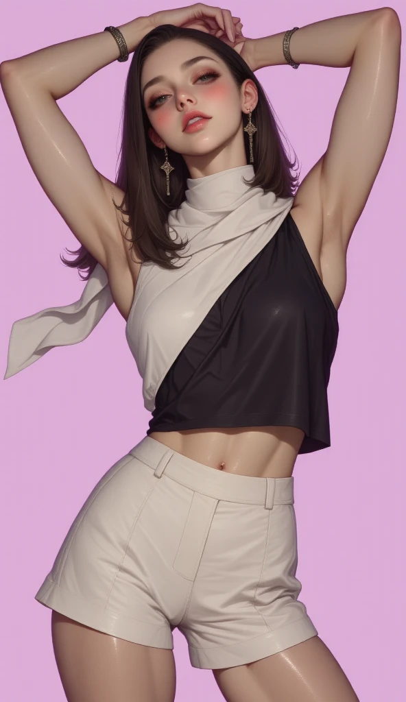 Beautiful woman with short straight brown hair with black eyes wearing a Black Gym Tight Leggings, a Grey Sexy Criss Cross Mock Neck Mid Sleeves Blouse, (ebony skin), (light brown lipstick) , cum on face , (spread legs 1.5