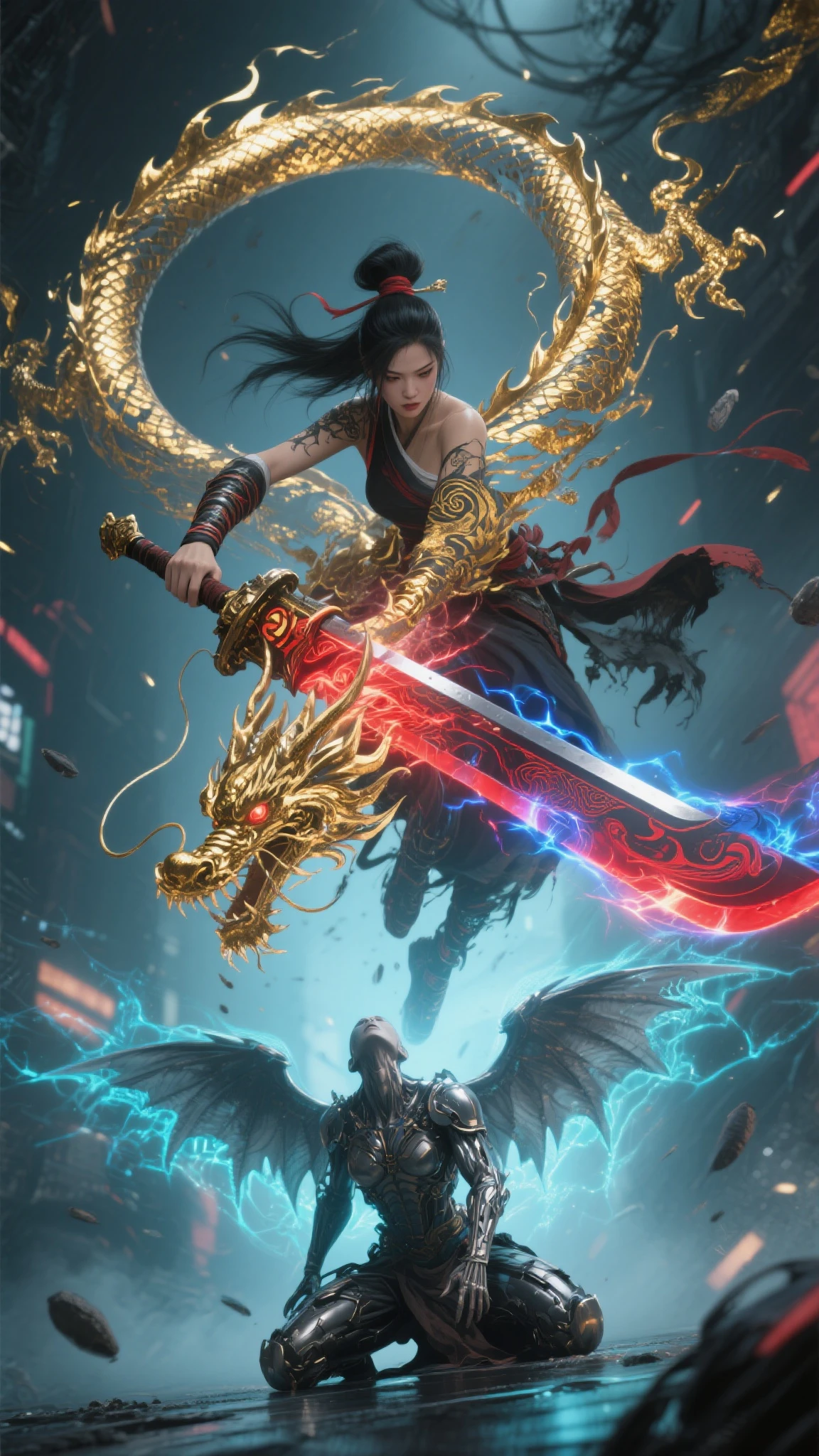 Angle shot of high ground, skyscrapers on low ground, portrait of an beautiful female samurai warrior fighting with the giant dragon, The dragon amazing flame burst fire, facing the camera, angry, body decorated with glowing gold runes, pink and blue glowing aura around her, dynamic body epic action pose, full body WARIOR armor with glow light effect, jet black smoke feathers, the milky way at night, lightning flash, stunning intricate details surreal fantasy warior art, 16k