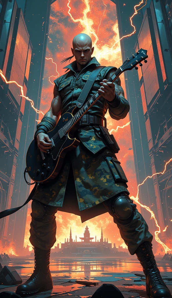 A punk boy holding a toa under a thunder of black clouds and light