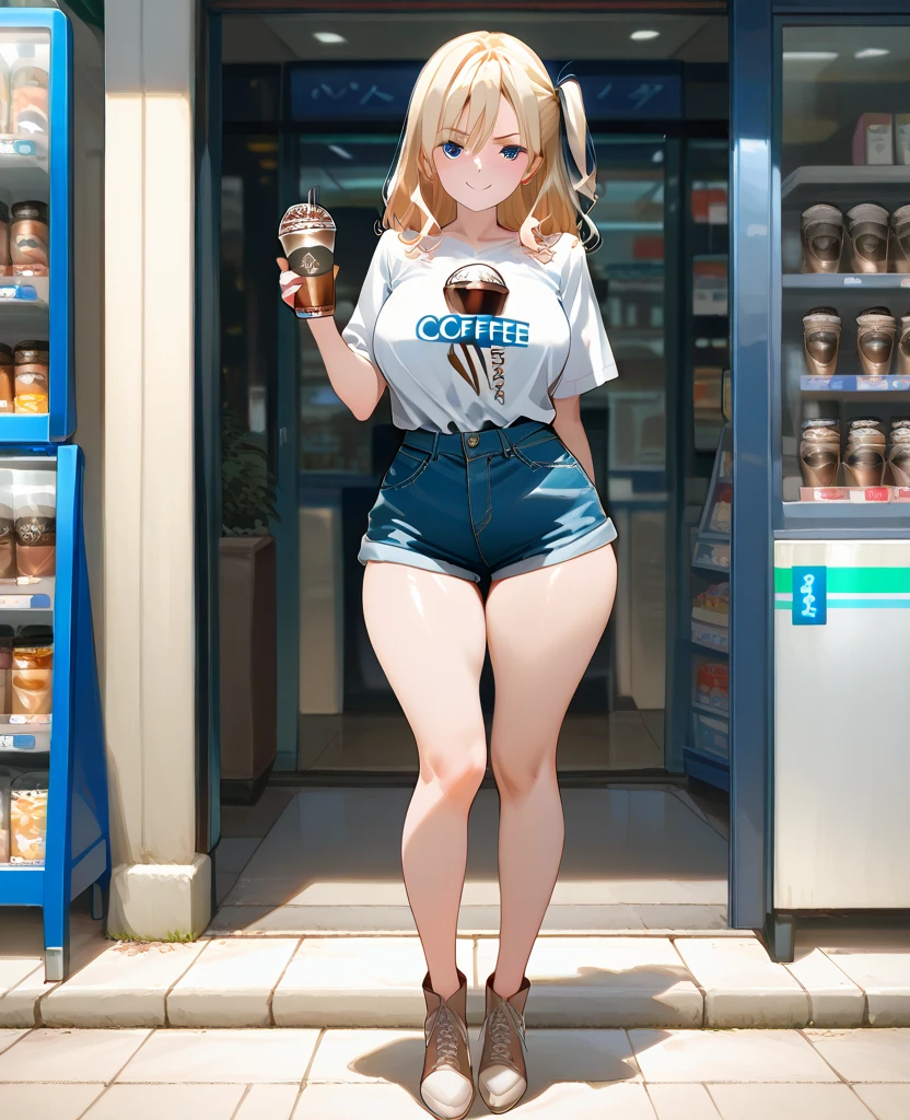 masterpiece, best quality,4girl,young girl, dark_orange eyes, platinum blonde, messy hair,scoffing _face,shiny skin,huge breasts,nice leg line:1.3,thick thighs, thin waist,, Cut-out_crop_top, denim_shorts, gladiator_sandals, pendant_necklace, bucket_bag, , Sneaker_shop,, looking at viewer,from below,full body