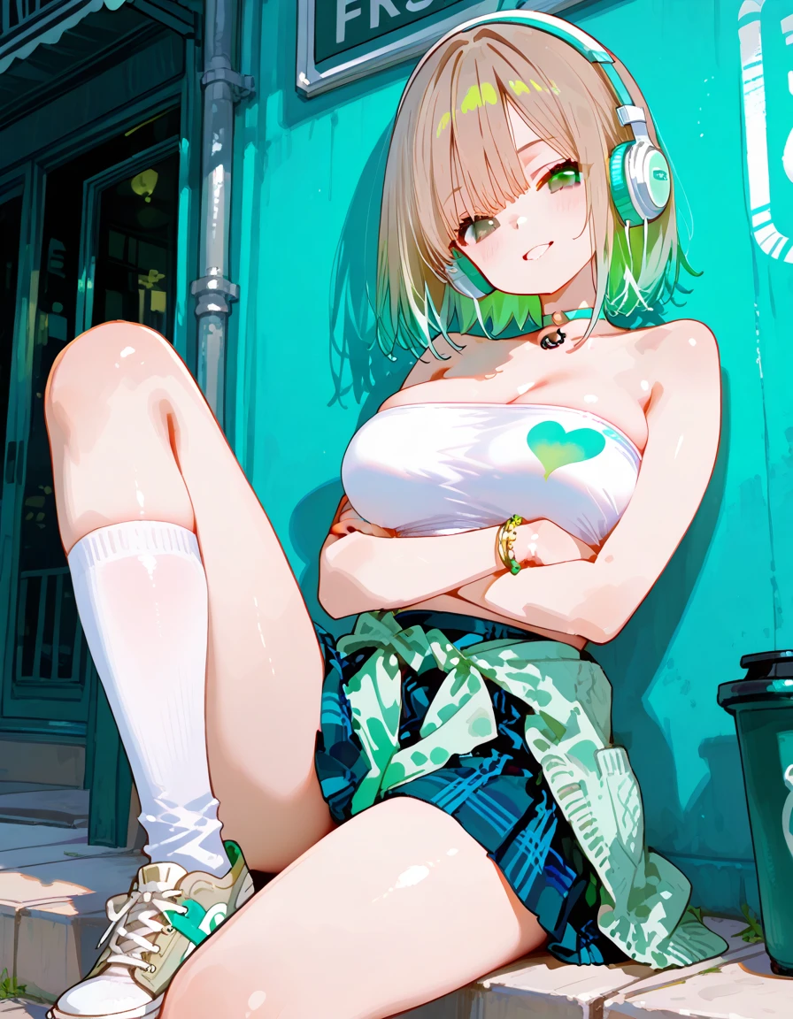 masterpiece, best quality, 1girl, solo, crop top, ((colossal cleavage:1.3)), denim shorts, choker, (graffiti:1.5), paint splatter, arms behind back, against wall, looking at viewer, armband, thigh strap, paint on body, tattoed body, head tilt, shy, multicolored hair, aqua eyes, headset, peepshow, nipslip, she is looking down shy, cheeks flushed with shame.