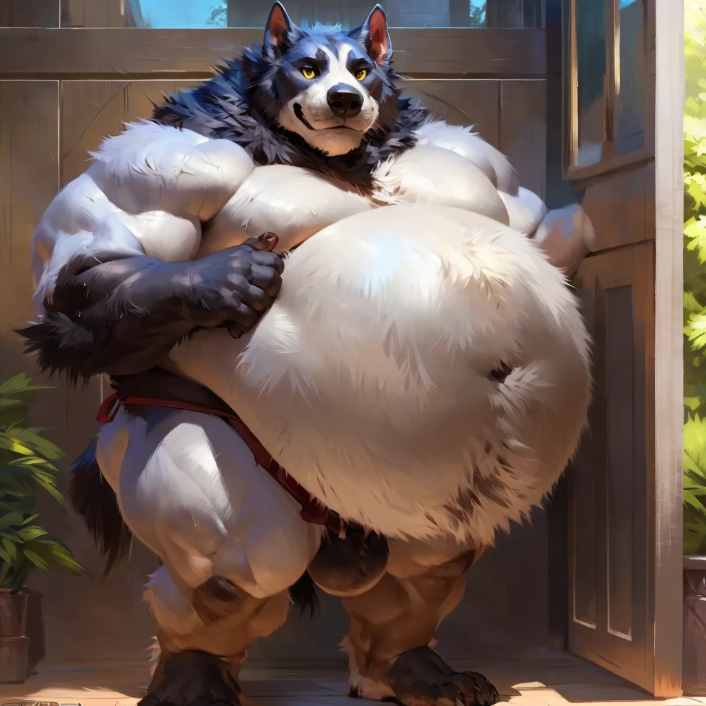 horse man, exaggeratedly alpha male, muscular, huge pecs(big:2.5), muscular thighs, malicious expression, white fur with black spots, flushed cheeks, blue eyes, farm, nicebulge.