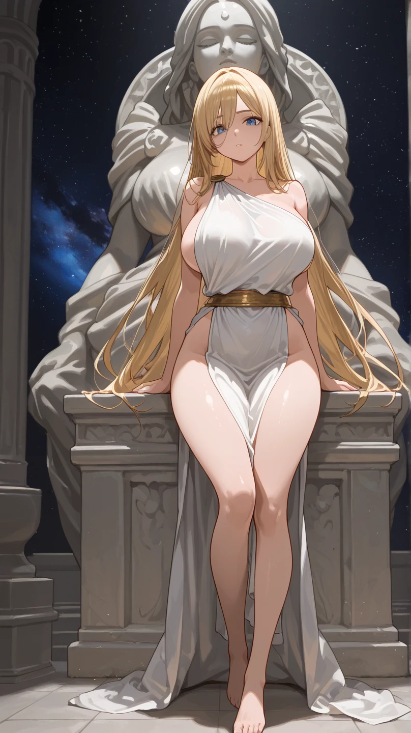 greek goddess aphrodite, Serious and sexy face, has a very beautiful face,And short in stature, Blonde curls decorated with flowers, And blue eyes. (perfect anatomia) , (perfect eyes) Her figure extremely charming, humongous large breast, heavy, Fitness buttocks, fabric covering, White thick silk dress, Big abs, She sits on a huge Greek marble throne,Submerge your legs in the water, a work of art.