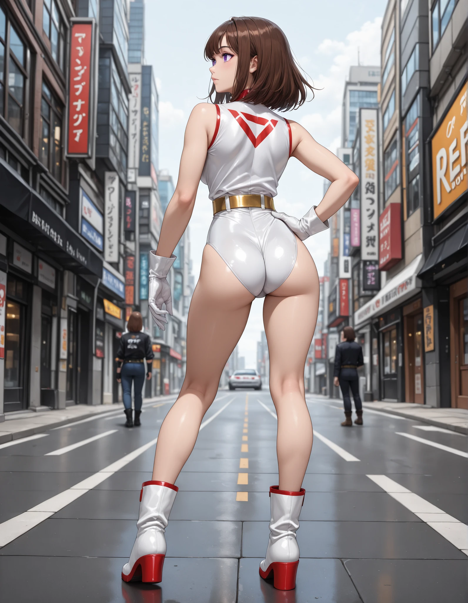 1woman: Ultraman and several men, dancing on a subway train, she is exhibitionist, extremely beautiful, short hair slick, bust GG, staring at the viewer, Unreal Engine 5, Anime style, Max resolution/quality/sharpness/detail.
