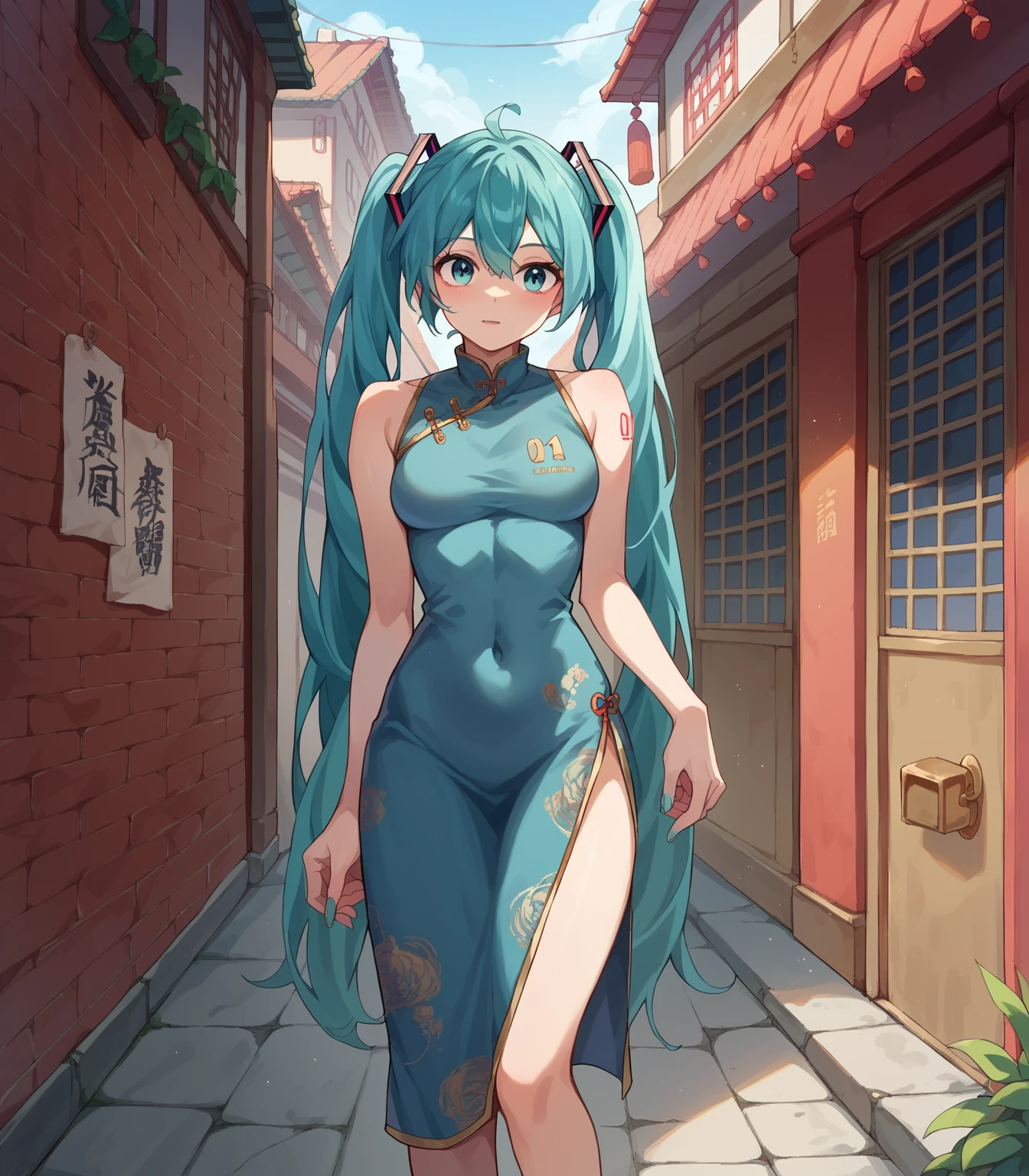 masterpiece, best quality, highres, perfect anatomy, perfect body, sexy body. 1 Girl, Shampoo, /(Ranma ½/), Alone, china dress, red dress, anime style, happy, on an empty street in the morning, with hands on hips, looking at the viewer, bust shot, close-up from belly to head, perfectly centered, well-adjusted framing, no other characters, single character, no background people