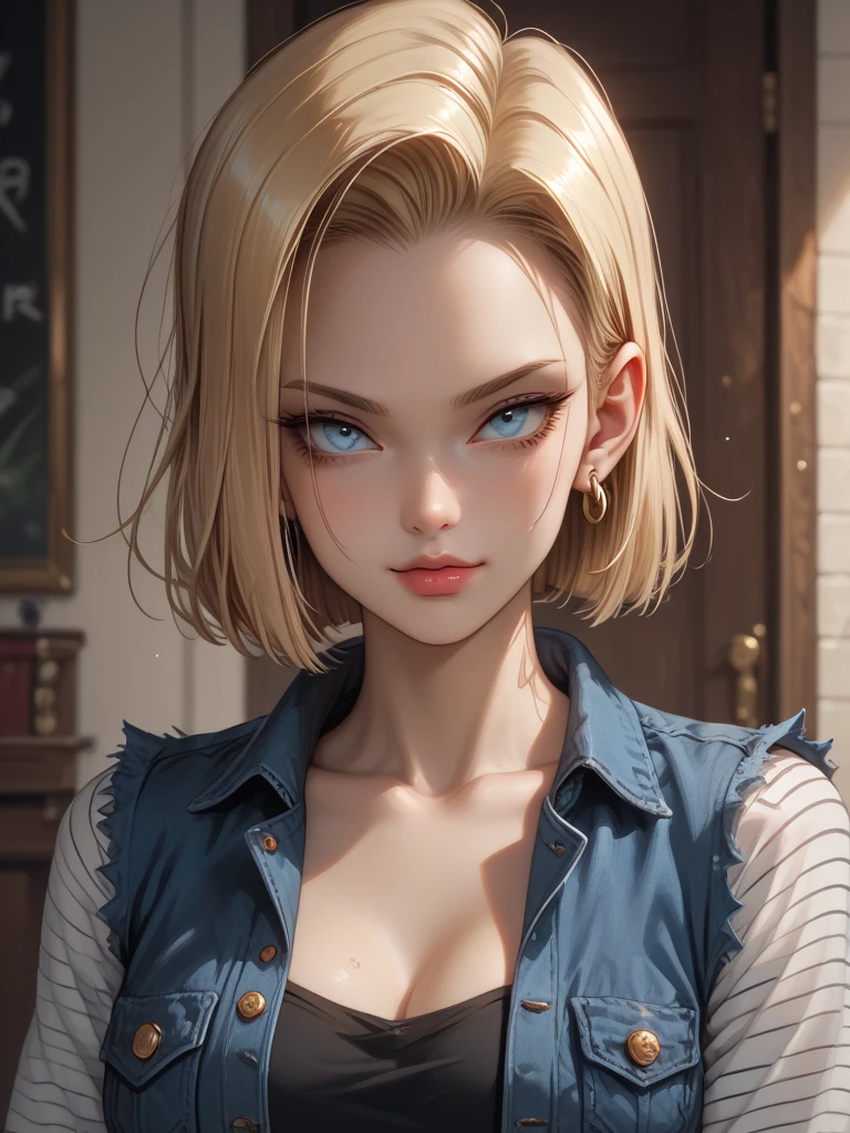 （（（完美shape，shape，alone， （（（Jacket、Pleated skirt、Earrings、Pearl Necklace））），（（（AND18, Android 18, Blonde, blue eyes, short hair, ））），((masterpiece)),High resolution, ((Best quality at best))，masterpiece，quality，Best quality，（（（Detailed face、Detailed eyes、 Exquisite facial features，Looking at the audience,There is light in the eyes，(（（anger，Severe））)，））），型shape:1.7））），（（（Light and shadow，Huge breasts））），（（（Looking into the camera，Black background，）））、((Sweat))