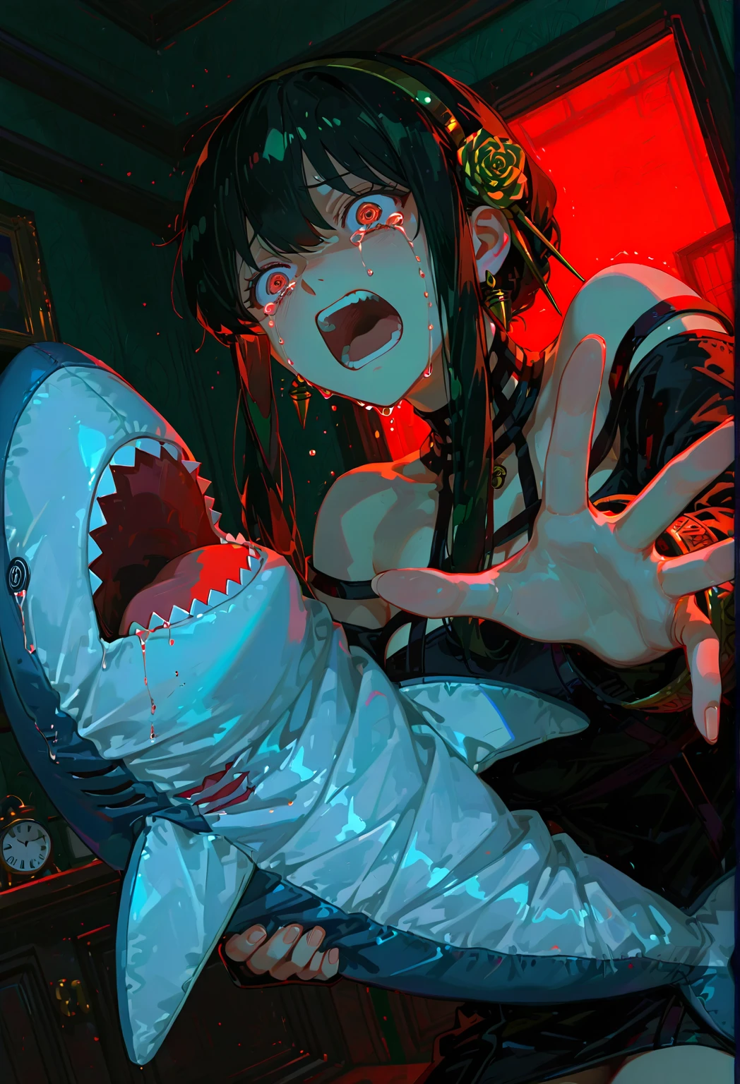  focus face, black hair, flesh meaty tentacle mask, blue skin, (flesh mask), (tentacles coveting Lower half of face), monster tongue
