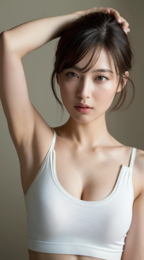 (Ultra HD、Ultra-high resolution、Realistic:1.3、8k、Japanese Office Lady、bed)、Attention in the armpits、audience、(Extremely realistic skin texture:1.4)、(Realistic:1.3)、short hair、((Embarrassed expression:1.3))、(blonde:1.3)、40-year-old woman、Mature Woman、ponytail、(Lift your arms and show your armpits:1.3)、((Face close-up:1.49))、(Armpit sweat)、((Shooting from the side:1.05))、((bra))