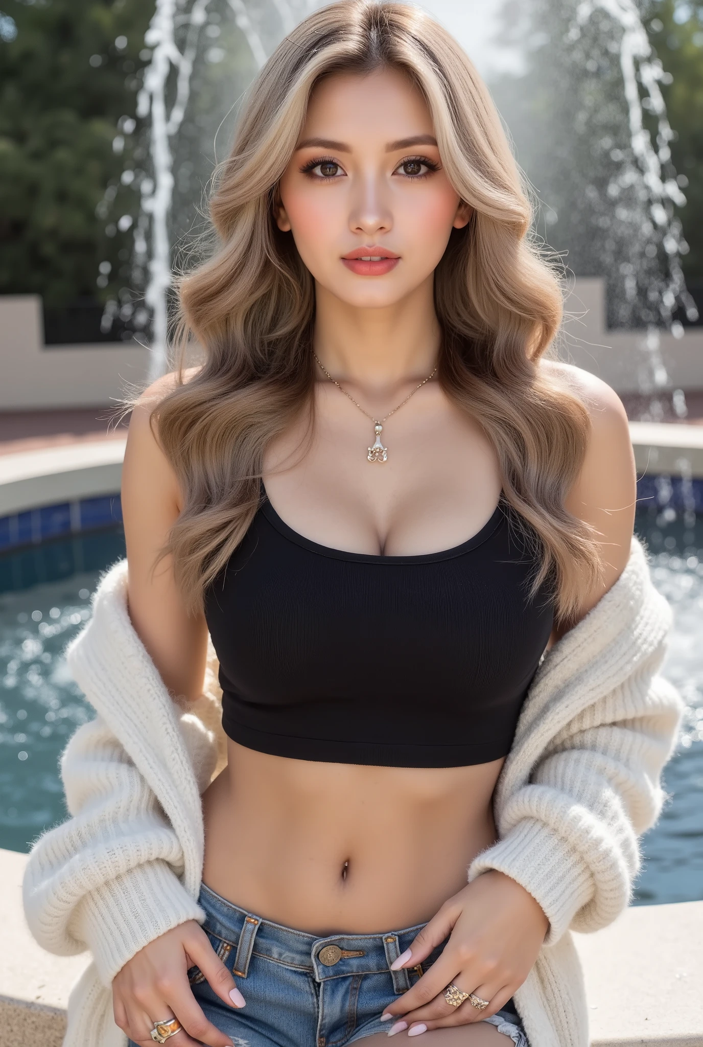 Cool Beauty, blonde, shiny, silky, wavy long hair,passionate and explicit, charming eyes, Transcendental Style , Big breasts:Gcap，necklace，piercings，decoration nail，ring，I'm wearing a wide black crop top with shoulders and an oversized knit, fluffy, girly sweater,  Burberry check flared skirt, black thigh high boots, In the background, the sparkling water drops of the fountain reflect the sun's rays, Ultra Detailed, Absolute Determination, masterpiece:1.3,