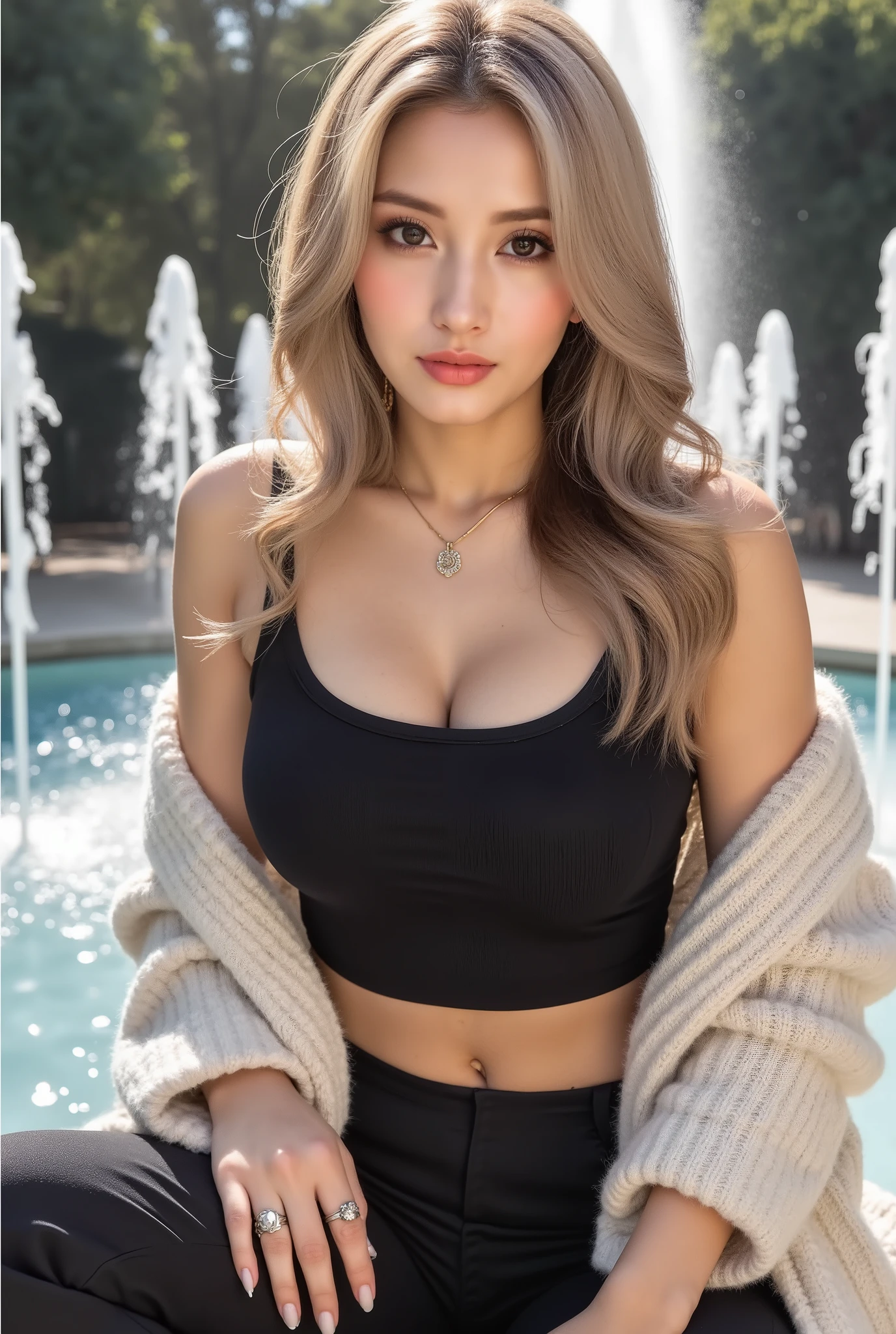 Cool Beauty, blonde, shiny, silky, wavy long hair,passionate and explicit, charming eyes, Transcendental Style , Big breasts:Gcap,necklace,piercings,decoration nail,ring,I'm wearing a wide black crop top with shoulders and an oversized knit, fluffy, girly sweater, Burberry check flared skirt, black thigh high boots, In the background, the sparkling water drops of the fountain reflect the sun's rays, Ultra Detailed, Absolute Determination, masterpiece:1.3,