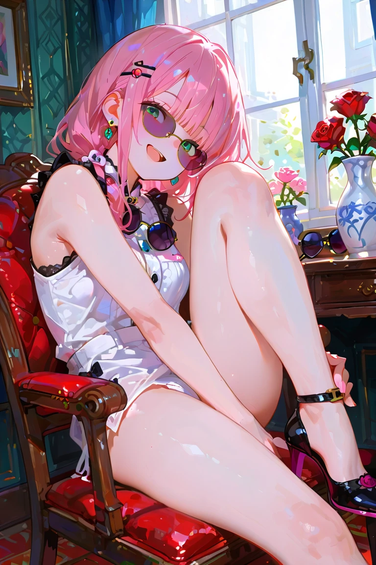 ((Best quality)), ((masterpiece)), (detailed), (In detail) naked anime girl in a pink skirt, black tights and pink heels, pink long hair, very small ,At the pool, cat ears, shows tits, a lot of cum on tits, cum in heels