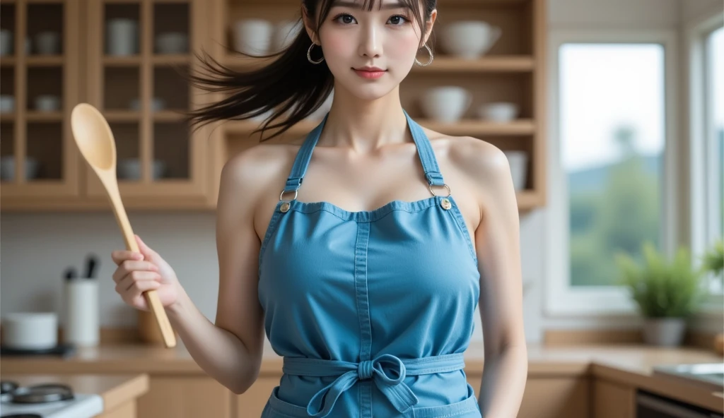 (sfw, censored), BREAK, in kitchen, BREAK,(masterpiece, best quality, ultra detailed, detailed face, 8k), BREAK, (1 girl, Japanese, cute round face, cute bang, natural huge breasts, naked blue apron, happy, smile, making chocolate heart)