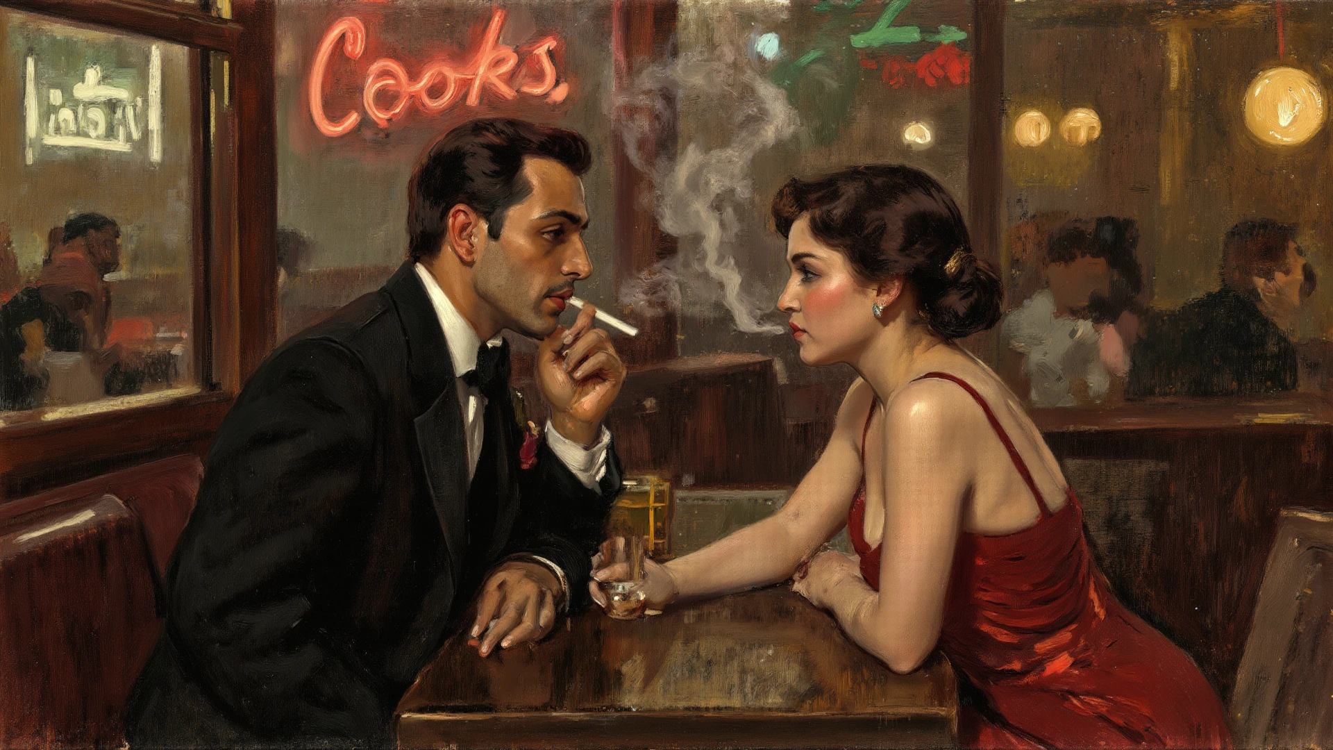A painting of a young couple having a drink happily facing each other at a very smoky Parisian bar table, Then Martin, Then Martin artwork portrait, diner scene, film noir jazz bar, drawn in a neo - noir style, neo - noir style, Neo-Noir Setting, neo noir style, inspired by f.. scott hess, Thomas Dalziel, film noir realistic, inspired by f. scott hess