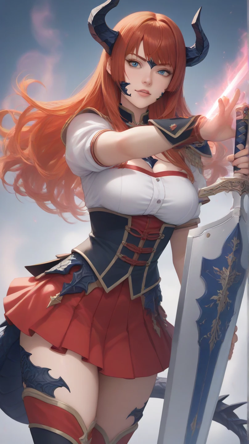 (Top resolution、top-quality、masterpiece、Hi-Res)、1girll、Red-haired girl with twin tails、Colossal tits、Wizard Hitting Fireballs、Blue shirt、a red skirt、Fantastical