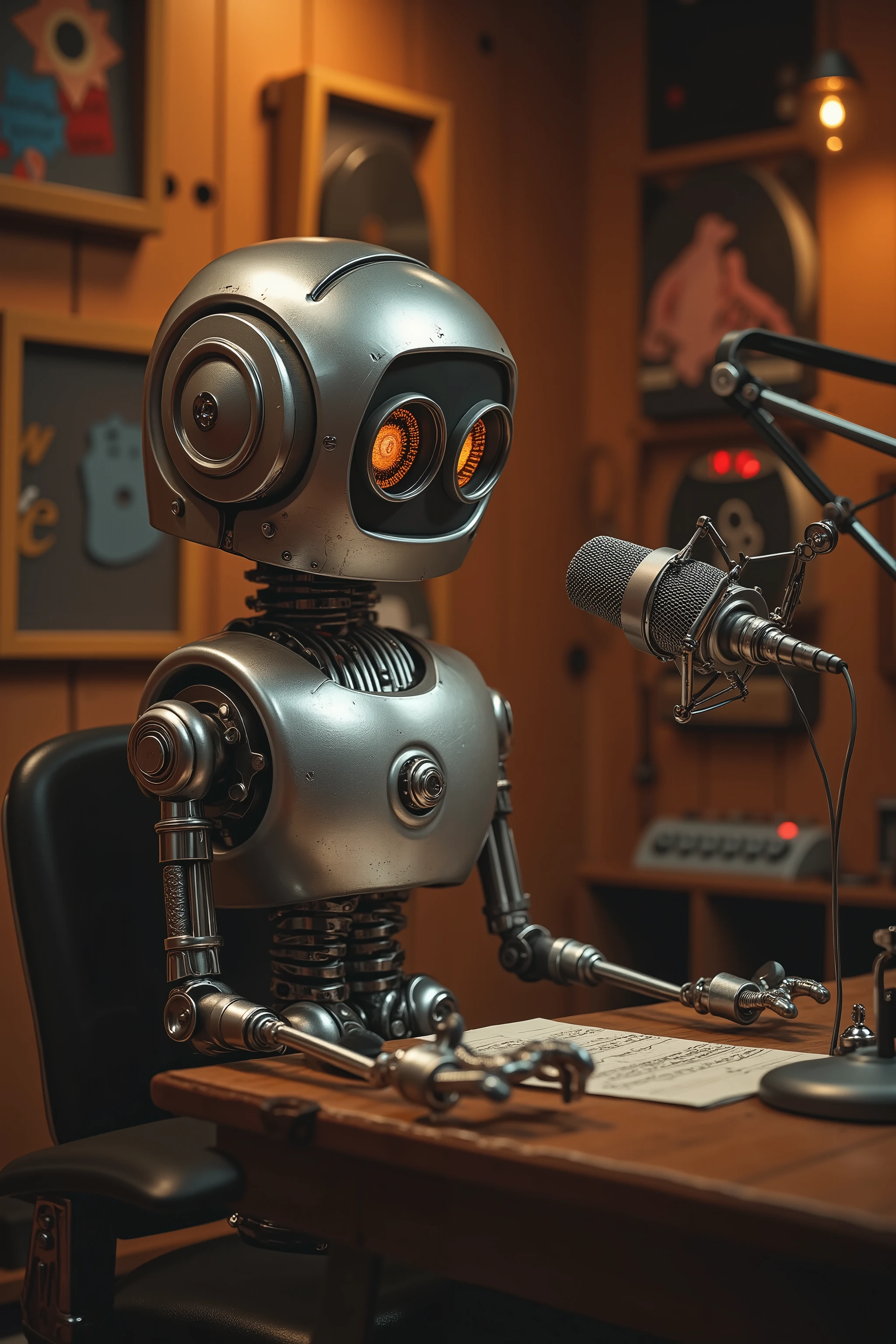 A silver retro-style condenser microphone robot with arms and legs, sitting in front of a vintage desk in a cozy soundproofed studio, broadcasting a podcast. The robot has expressive mechanical eyes and is speaking into another small mic. Background includes sound-absorbing panels, vinyl records, and warm ambient lighting. Style is hyper-realistic, cinematic lighting, shallow depth of field.