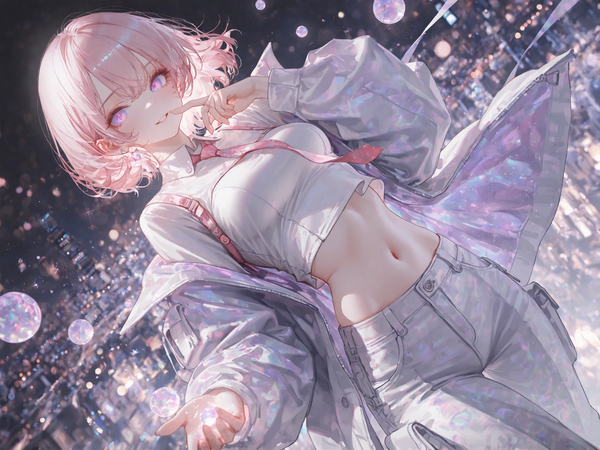 (artist:ningen_mame:0.9), (artist:sho_(sho_lwlw):0.9), (artist:rhasta:0.9), (artist:wlop:0.7), (artist:ke-ta:0.6), (fkey:0.5), (tianliang duohe fangdongye:0.5), (hiten \(hitenkei\):0.6), (artist:onineko:0.826446), (artist:hito komoru:0.8), (artist:quasarcake:0.9), (artist:reoen:0.82), artist:machi, (7769:1.21), 8k, HDR, extremely detailed face and eyes, beautiful face and eyes, perfect hands, good_hands, solo, 1 girl, violet eyes, light pink hair, short hair, cool, beautiful, medium breast, very cute, lovely, kawaii, short cargo pants, white crop blouse with collar, tie, suit jacket, platform boots, stomach, navel, solo, cowboy shot, artistic error, looking at viewer, smile, parted lips, finger to mouth, sideways, city background, low angel shot, focus boots, masterpiece, best quality, amazing quality, cinematic angle, cinematic shadows, Glowing_Lights, glowing_light, glowing, glowing_effect, sparkling, particles, sparkle_effect, light_particles, glitter, glitter_effect, bokeh, light_bokeh, light_reflection, Abstract_Marble, abstract, pattern, abstract_pattern, marble_pattern