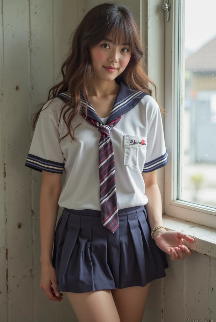 (masterpiece, highest quality:1.2), 8K, young beautiful girl, 85mm,Official AR RAW Photos, baby face、big breasts、show me your ears、photo shoot, cute face, thighs, After school classroom, looking at the viewer, embarrassing、smile、no makeup, film grain, chromatic aberration, sharp focus, face light, clear lighting, Ten generations, detailed face, background bokeh、(((((( old high school girl))))))、thin waist、sailor suit、navy blue mini skirt、white small panties