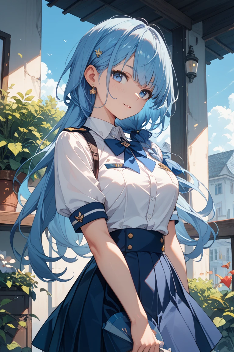 hands back, pose sexy, horny smile, camisa de manga curta azul claro, loli, garotinha, vestido branco, cinto azul claro, estampas florais pequenas, salto alto pontudo azul claro, meias brancas, wide-brimmed white sun hat, melhor  qualidade, obra-prima, illustration, extremamente delicado e bonito, extremamente detalhado, Awesome, finamente detalhado, obra-prima, melhor qualidade, arte oficial, alta resolução, extremamente detalhado, linda mulher detalhada, pernas grossas, coxa grande, lindos olhos detalhados, luz no rosto
