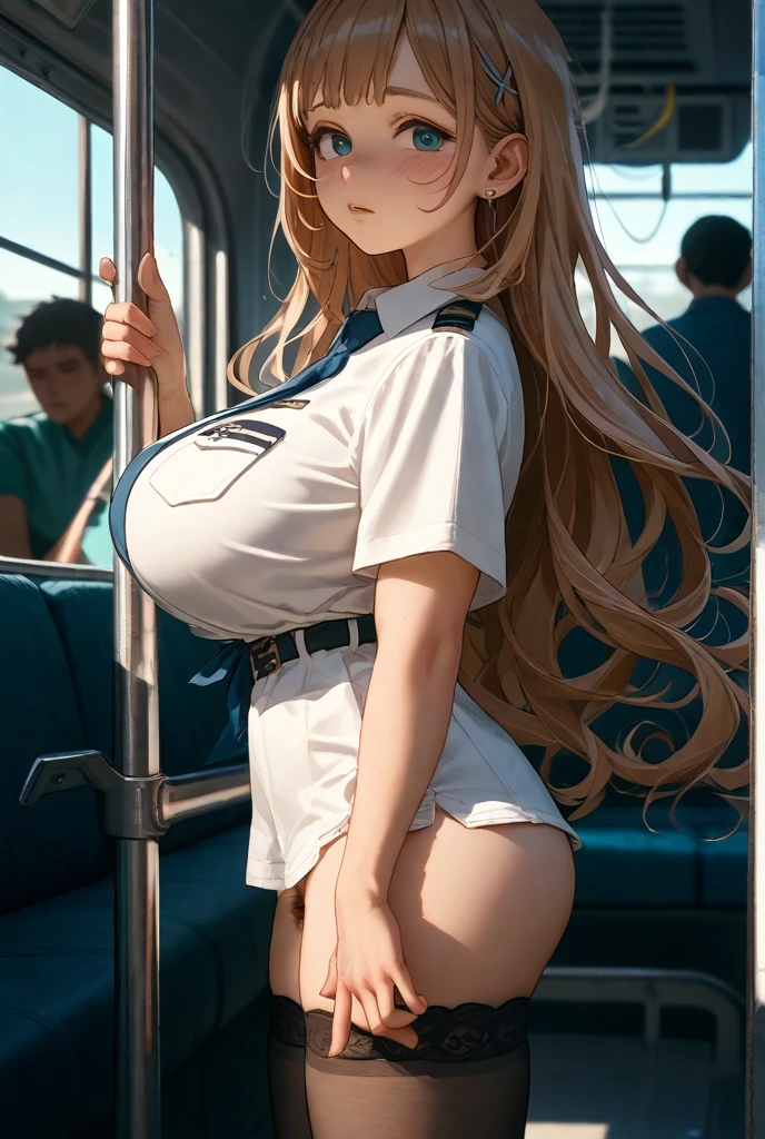 (((Uniform torn and skin exposed)))、Nipples protruding from the bra、((((feel shy))))、((a blond))、、beautiful Girl、Large beautiful breasts、cleavage of the breast、A slender、オマンコ、((((((seduce lewdly))))))、((Inside the bustling city))、((smil))