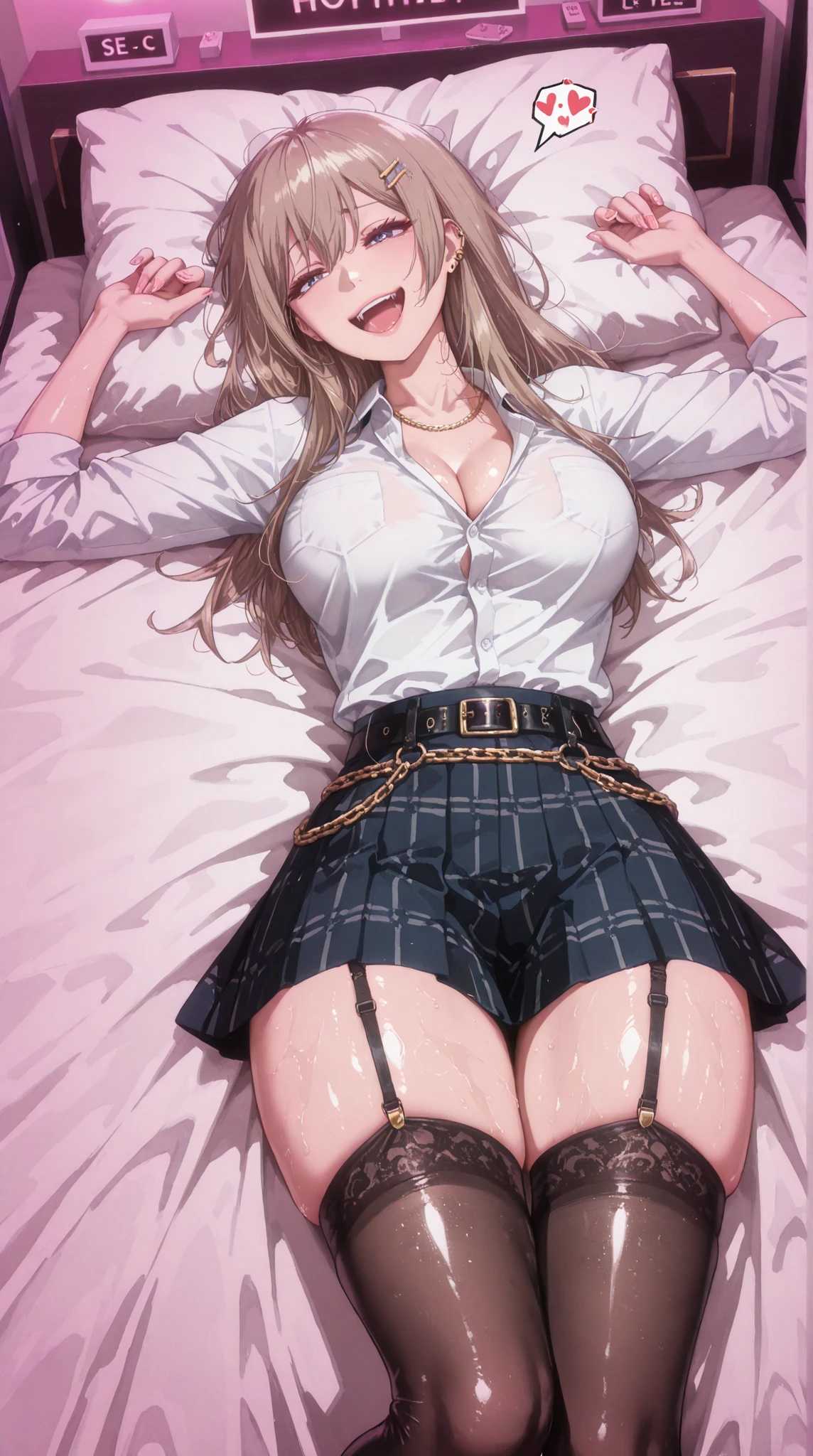 nsfw、clear eyes、8k、Top image quality、Masterpiece、perfect anatomia、12year old、(raise both knees and spread your legs wide.:1.3)、spread legs, legs up、(Open legs in bed、open legs:1.3)、huge tit、、(show off nipple:1.3)、(Fully exposed:1.3)、Fully exposed panties、(White lace panties:1.5)、、gals、12year old、(Black Thigh Socks:1.3)、(high ponytail:1.3)、(undress:1.3)、,((necklace, colorful bracelet, X hair ornament):1.2),(Black Thigh Socks:1.3)、(high ponytail:1.3)、(School Uniforms:1.2), (light brown cardigan is fit body:1.4), ((do up a buttons, not loose):1.5), ((long sleeve, sleeves past wrists):1.2), (inner wear is white collared-shirt:1.3), (red plaid-pattern bow:1.3), (red plaid-pattern pleated skirt:1.3), (loafers):1.2),(Very frustrated:1.6)、