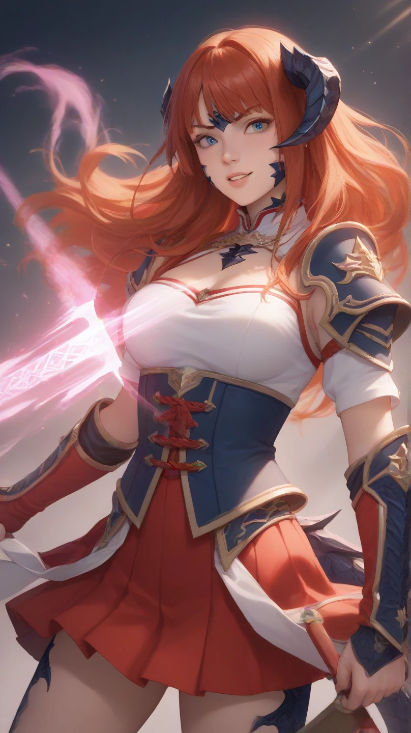score_9, score_8_up, score_7_up, score_6_up, score_5_up, score_4_up, uncensored, iris midgar, red hair, long hair, braid, red eyes, BREAK (masterpiece:1.2), best quality, high resolution, (detailed eyes:1.3), perfect lighting, (perfect hands, perfect anatomy), HD, 1girl, weapon, sword, breasts,, solo, thighhighs, holding weapon, gloves, asymmetrical legwear, mismatched legwear, holding, holding sword, hand on own hip, aura, looking at viewer, armor, dress, cleavage, standing, black gloves, black thighhighs, glowing weapon, closed mouth, glowing sword, shrug \(clothing\), tassel, japanese armor, blue fire, kusazuri, japanese clothes, white thighhighs, electricity, from side, upper body,