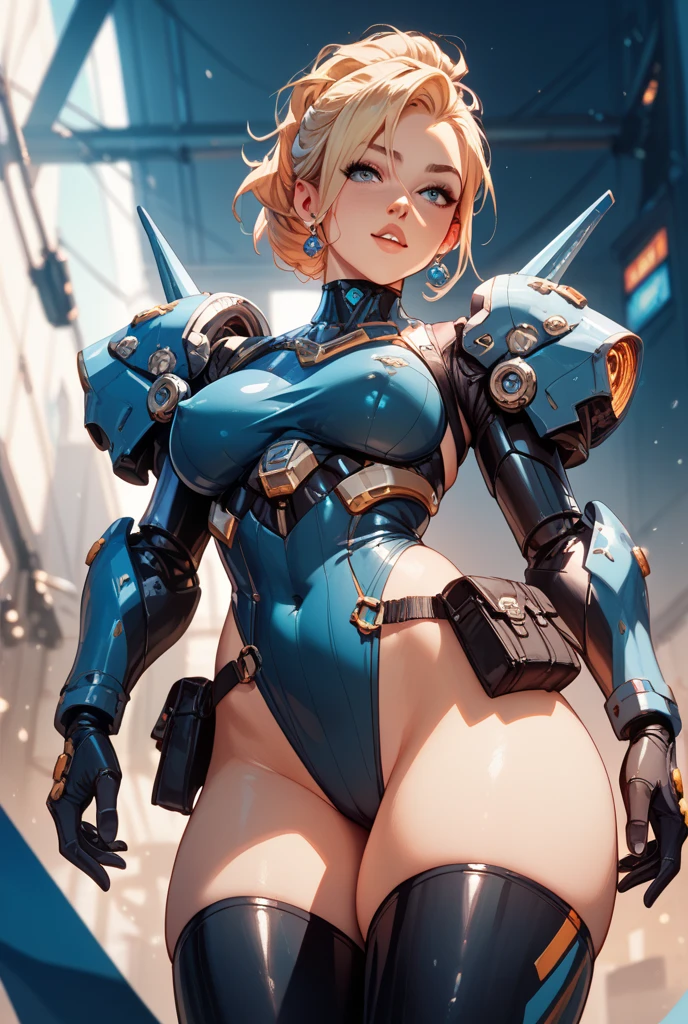 Blue translucent mecha,Arm mecha,Short golden hair,Long ponytail hairstyle,Large Breasts,Cleavage,Pistol hanging from waist,fighter pilot,fighter hangar,Sexy,Lipstick,Miss,Golden Eyes