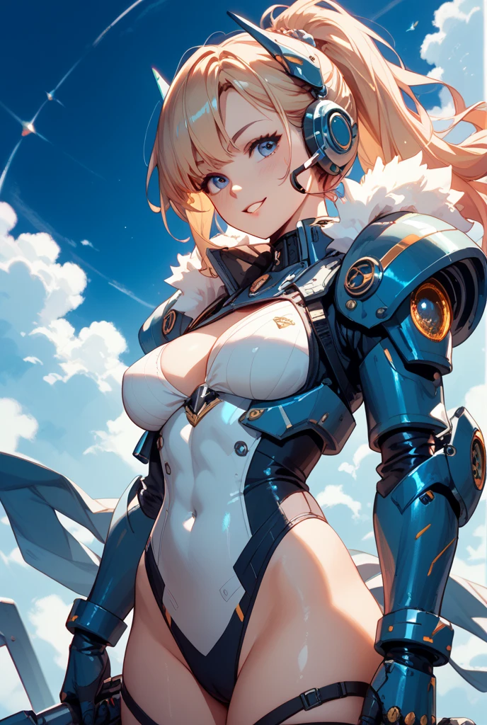 Smiling girl in a revealing yellow and orange see-through mechanical bikini with shiny wet skin,Gal-like ponytail,Fully transparent glass textured bikini armor,水色ライトの透明なMechanical Armor,(Highest quality),(8k),Mechanical Armor,Show all,(Thinly visible genitals),Accentuated breasts,Mechanical firearms equipment,Eyebrows rise,Bullish expression,Blonde,Don't blush,Laugh with your mouth closed,Standing on a white floor,White background,(Show the whole body),View your viewers
