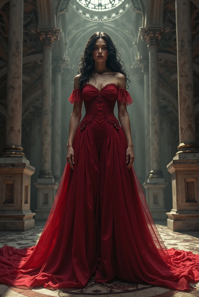 Woman in black and red dress long brown hair in a castle serious face with crown and brown skin