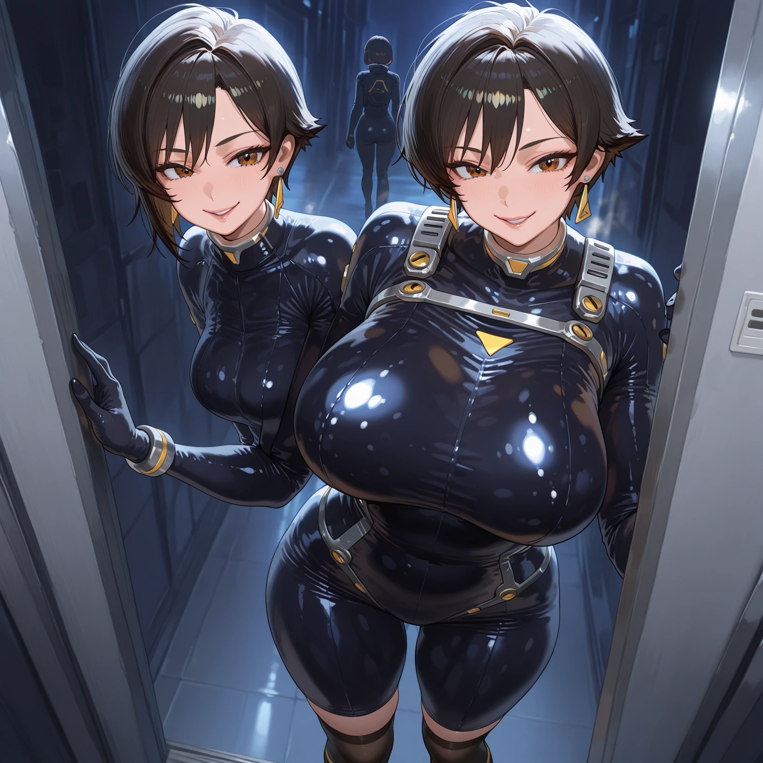 1 girl, brown hair, medium hair, wavy hair, blue eyes, improvised gag, tape gag, gagged, duct tape, tape bondage, arms behind back, bound arms, legs bound in duct tape, large breast, breasts out, classroom, cowboy shot, blushing ,(full body veiw), ((laying on belly)), looking at viewer, hair clip, (tiny robots holding duct tape floating in the air)