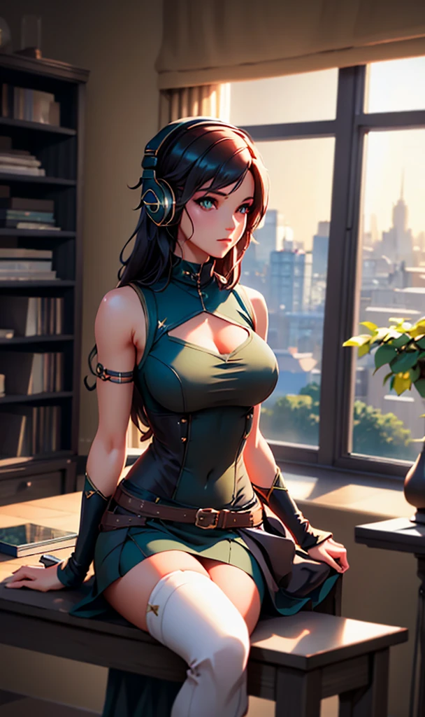 model girl wearing headphones, city background, emerald green eyes, intricate details, aesthetically pleasing pastel colors, poster background, art by ilya kuvshinov