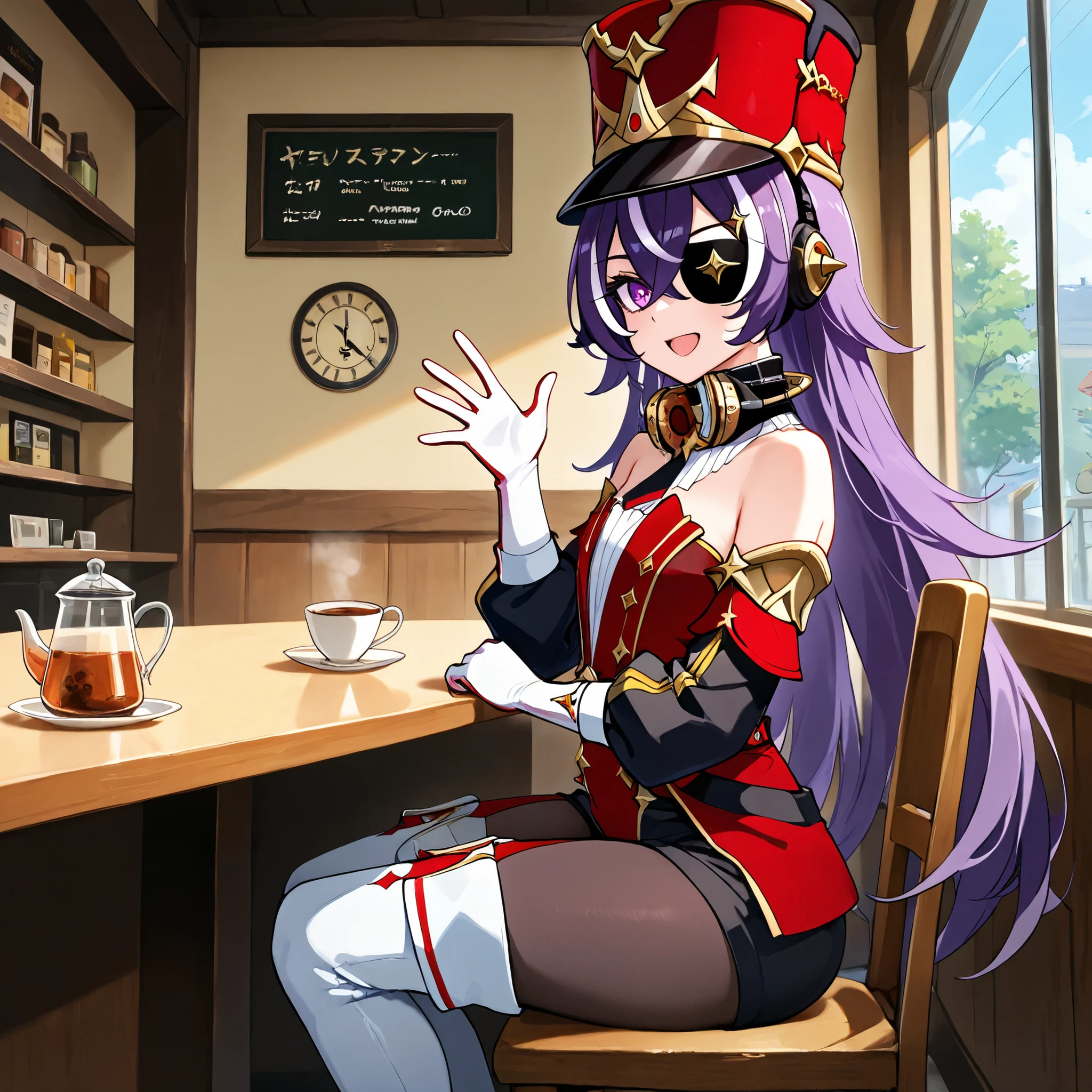 masterpiece, Top quality, solo, Curvy, beautiful eyes,, zzChevreuse, PURPLE EYES, hair between the eyes, Long Hair, multicolored hair, purple hair, striped hair, white hair, has, earmuffs, eye patch, bare shoulder, Gold trim, 黒 Butt under pants, Butt under pants, Puff Sleeves, Detachable Collar, pantyhose, white thigh high boots, upper body, upeer body, Smile, staring at the viewer,coffee shop,sitting chair,table,tea time,cup,open mouth,waving at viewer,from side,facing at viewer