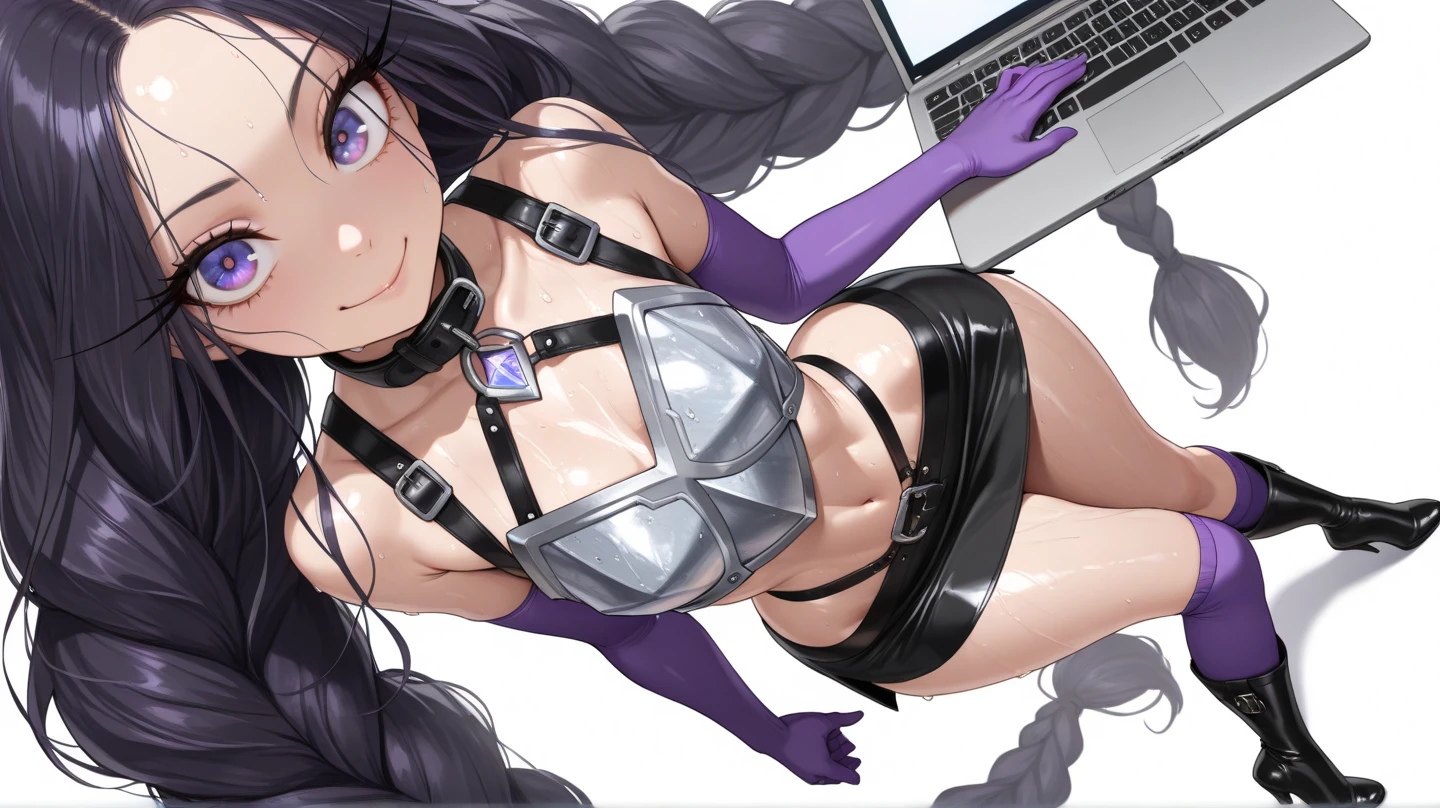 masterpiece, best quality, absurdres, highres, (official art, beautiful and aesthetic:1.2), ultra detail, beautiful person, mature female, 1girl,
narrow waist, wide hips, large breasts,
cleavage, cotton pencil skirt, white thong, upskirt, pantyshot, sitting, selfie on mirror,
seele hsr, purple_hair, long_hair, breasts, bangs, gloves, cleavage, hair_between_eyes, purple_eyes, boots, black_gloves, fingerless_gloves, black_footwear, science fiction, <lora:jean_divineElegance:0.6> <lora:seele_hsr:0.4>