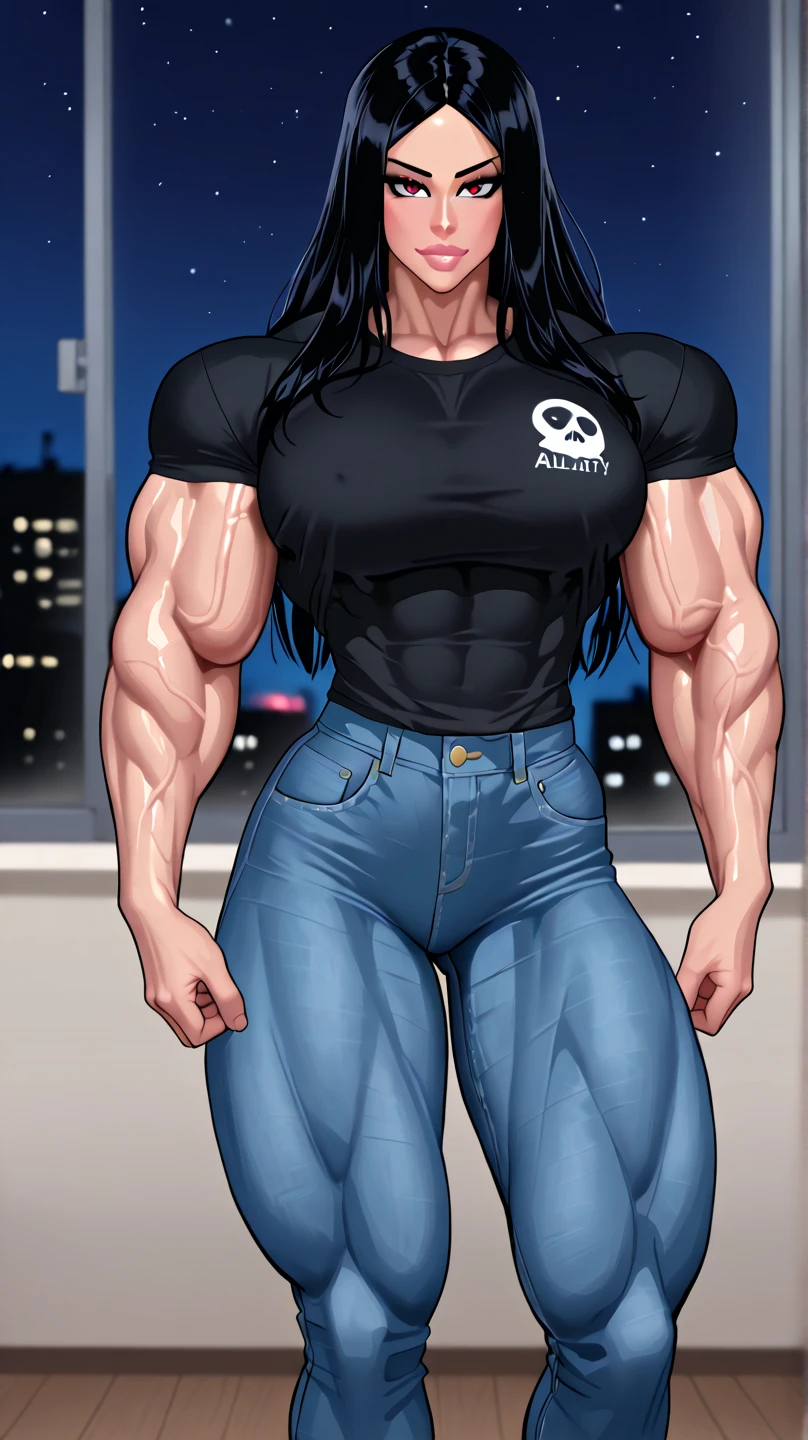 huge muscles breasts huge thighs toned body athletic tight shirt tight pants black hair yellow eyes pale skin