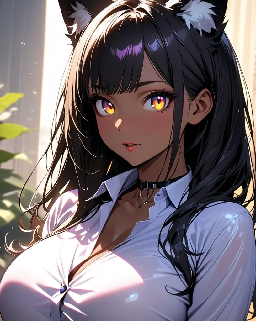 1 girl, (dark skin:1.2), shy, cute, cold expression, (8k, RAW photo, best quality, masterpiece:1.2), (realistic, photorealistic:1.2) ultra-detailed, Super detailed, vivid colors, studio lighting, portrait, white coloured eyes, Night clouds background, Aesthetic, romantic, Luna, wearing goth collar, black hair, unbuttoned shirt revealing her chest