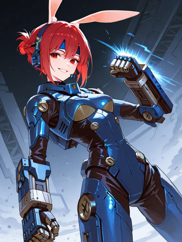Kenichi Sonoda, retro art-style, 90s Japanese Anime Style, "bubblegum crisis", Sci-fi, Cyberpunk, Neon, Dystopia, (This story is set in the near future of Mega Tokyo in 2032 and depicts the exploits of beautiful young girls who are Knight Sabers, shadow executioners. At midnight, on the spire of a particularly tall skyscraper, a person wearing a metal hard suit that covers the entire body from head to toe can be seen standing stylishly against the backdrop of the full moon. The shadow that stands out against the backlight of the moon is made of smooth curves, creating a feminine body line.), The main character, "Priss", 1girl, solo, 20yo, anime beauty, Cool beauty, Unparalleled beauty, Brown medium length hair, red eyes, dark blue metal hard suit with orange lines, The design is based on Syd Mead-style industrial mechanic design., fearless look, smile, fighting stance, (attack, punching at viewer), close-up photography of upper body, Depth of field, character focus, (masterpiece, anime cg, official art, work of art, Award-winning work, extreme quality, ultra high definition, all intricate, overall detailed, finely detailed, super detailed, very aesthetic, boast pompously, focus on entire screen, asymmetrical, raytraced, caustics, textile shading, incredibly absurd resolution, absolutely resolution, ultra high resolution, professional, vivid colors, perfect anatomy, ideal facial features, beautiful detailed face, ideally proportioned figure, perfectly beautiful body),