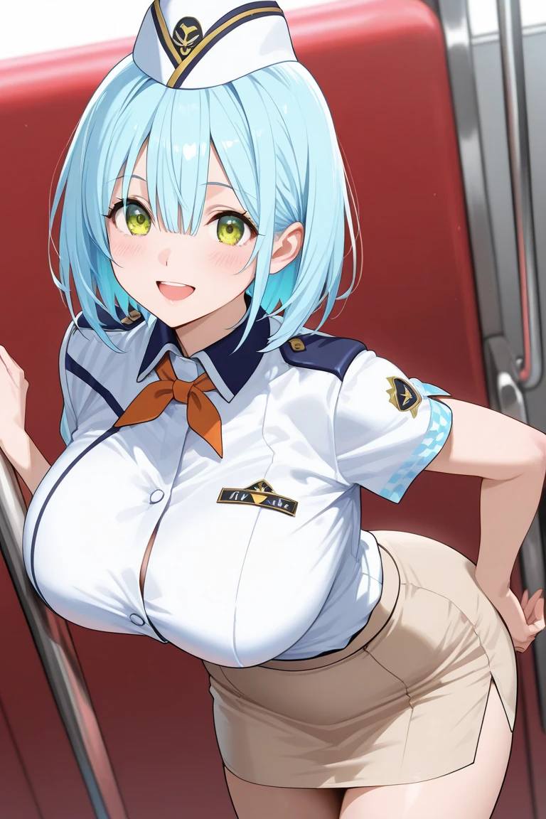 1girl, police, policewoman, police hat, police uniform, dark skin, dark-skinned female, blue eyes, bikini, highleg, highleg bikini, white hair, very short hair, breasts, huge breasts, wide hips, thick thighs, futuristic, science-fiction, tech, machinery, smile, smirk, smug