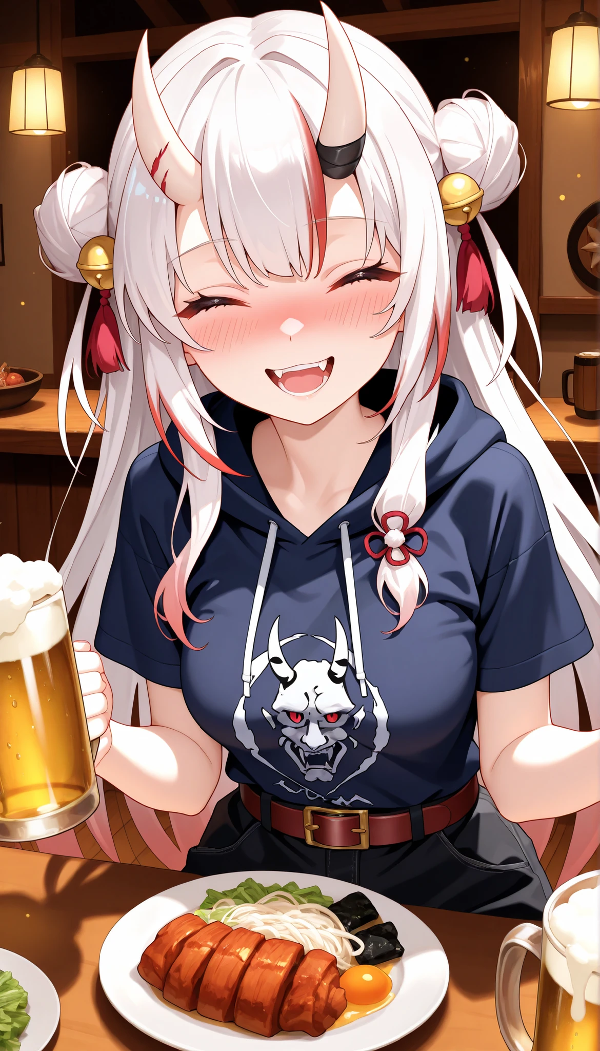 anime girl with horns , beautiful eyes finely detailed, tipsy, black red dress standing in front of you, lying into the table, leaning towards you, standing in the tavern, (half body:0.6), there is a glass of beer on the table, anime best girl, masterpiece sidelighting, masterpiece, top-quality, detailed, High resolution illustration